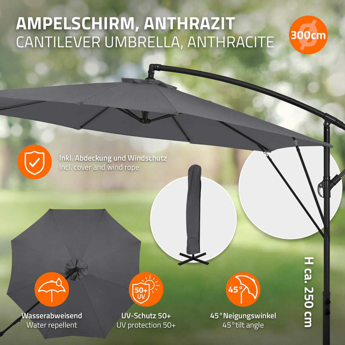 Ampelschirm in Anthrazit mit Abdeckung und Windschutz, Höhe 250 cm.