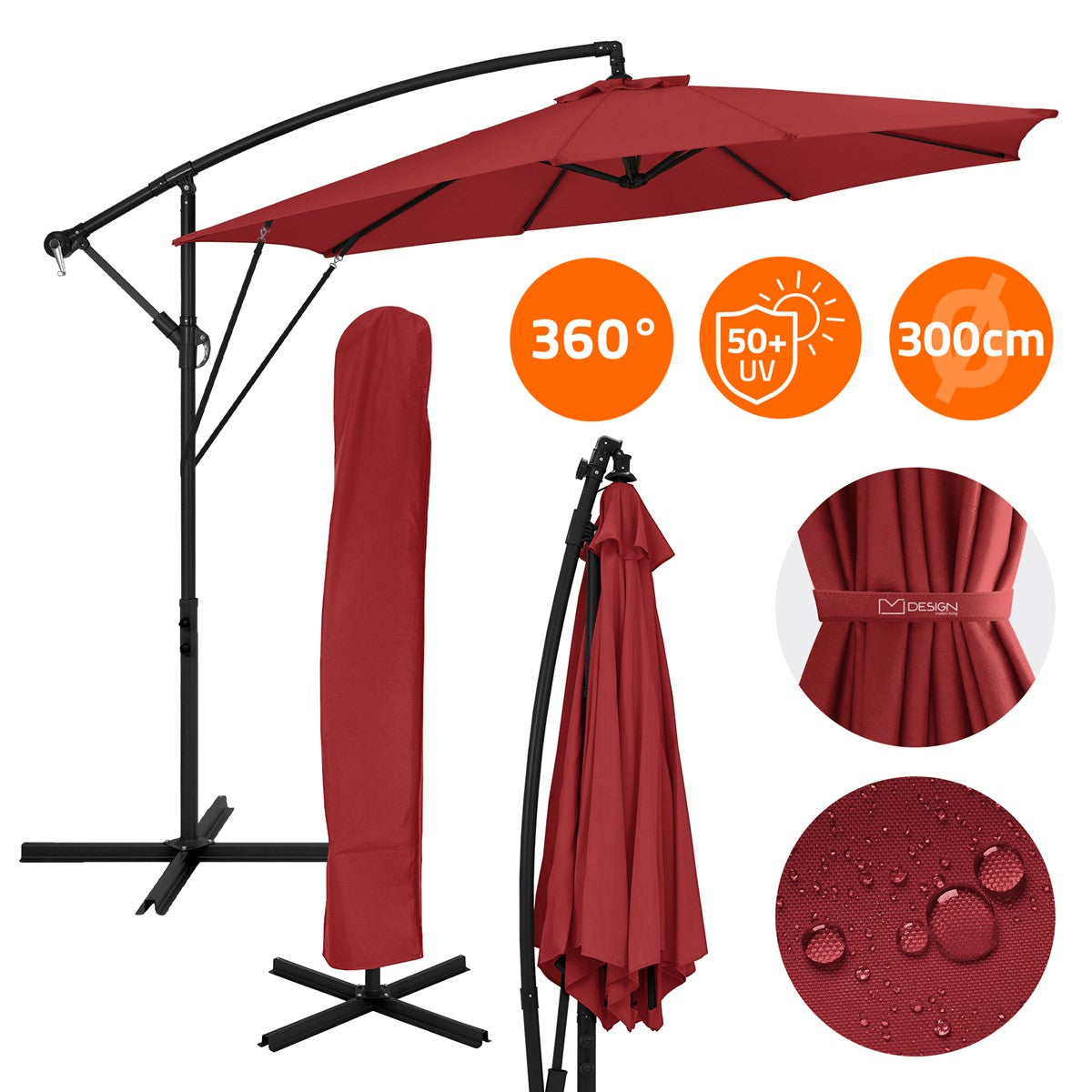 Roter Ampelschirm mit 360° Drehfunktion und Wasser abweisendem Material.