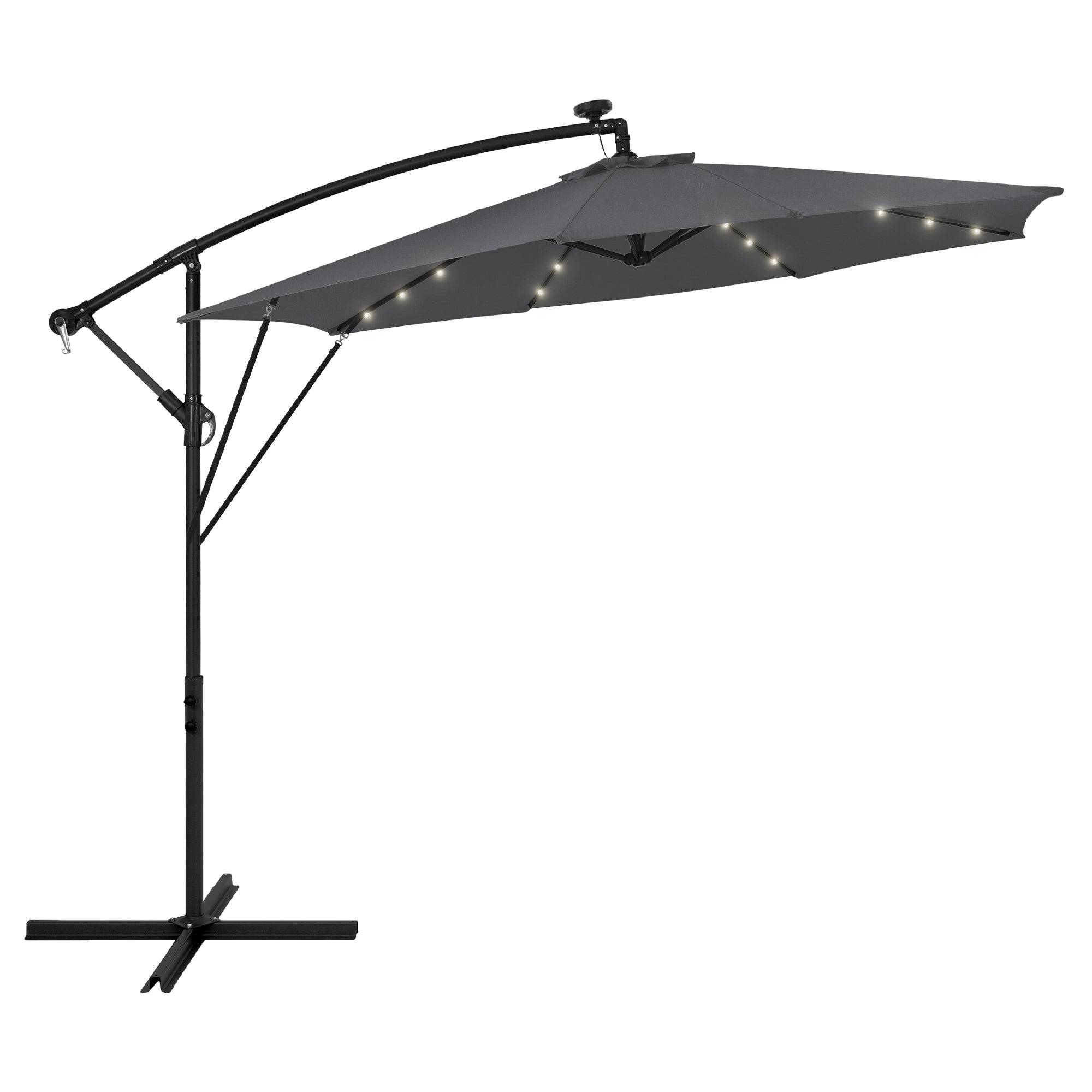 Slunečník s LED osvětlením, černý, na stabilním podstavci.
