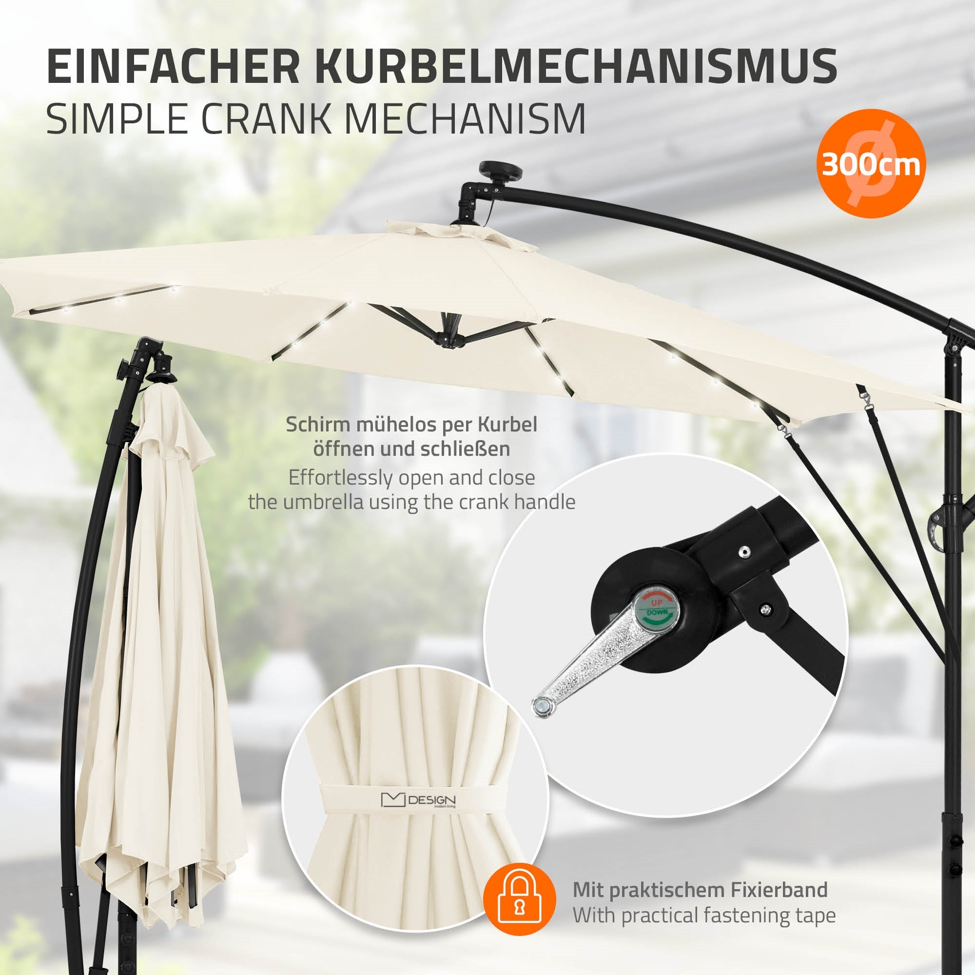 Detailansicht des Kurbelmechanismus zum Öffnen und Schließen des Sonnenschirms.