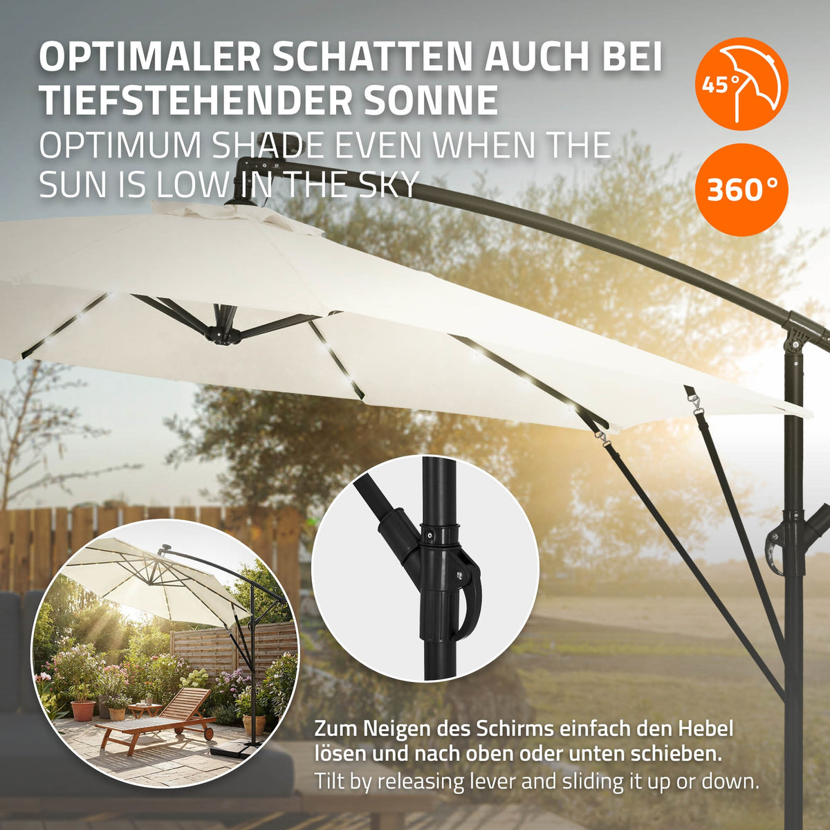 Ampelschirm mit Neigefunktion und 360° Drehbarkeit, ideal für tiefstehende Sonne.