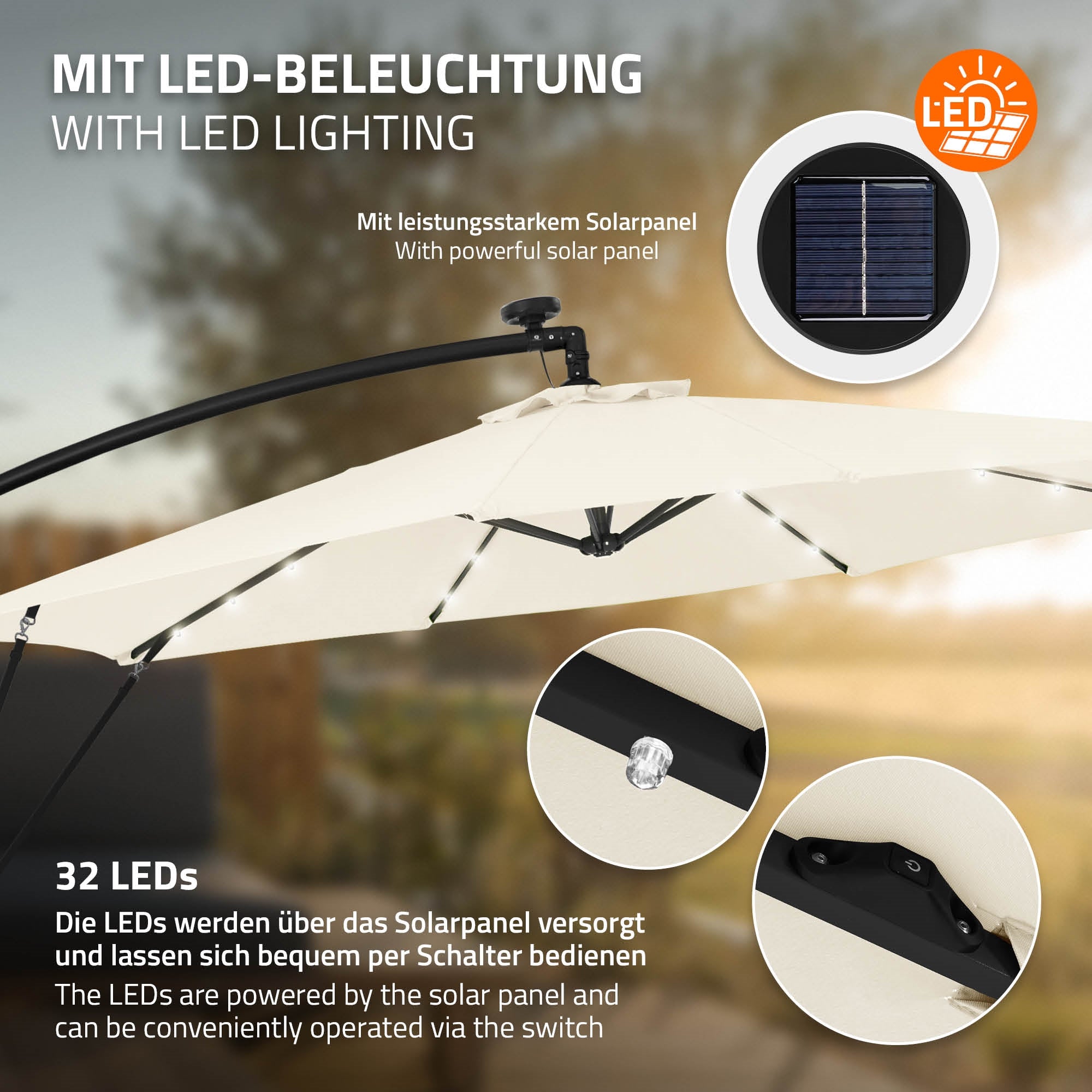 Ampelschirm mit leistungsstarkem Solarpanel und 32 LEDs, beige Farbe.