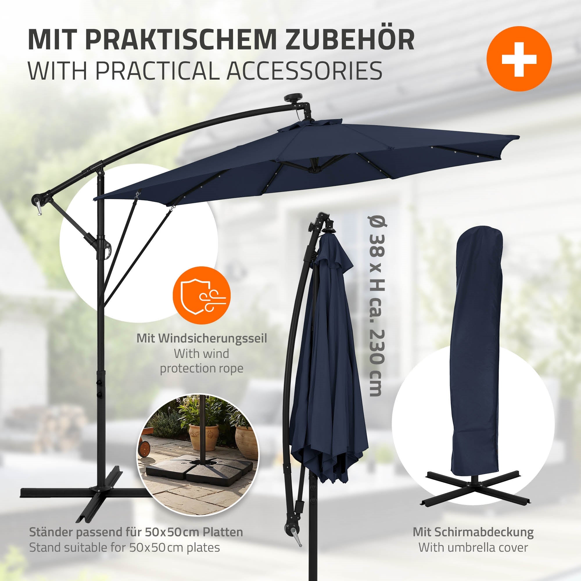 Ampelschirm mit Zubehör, inklusive Windschutzseil und Schirmabdeckung.