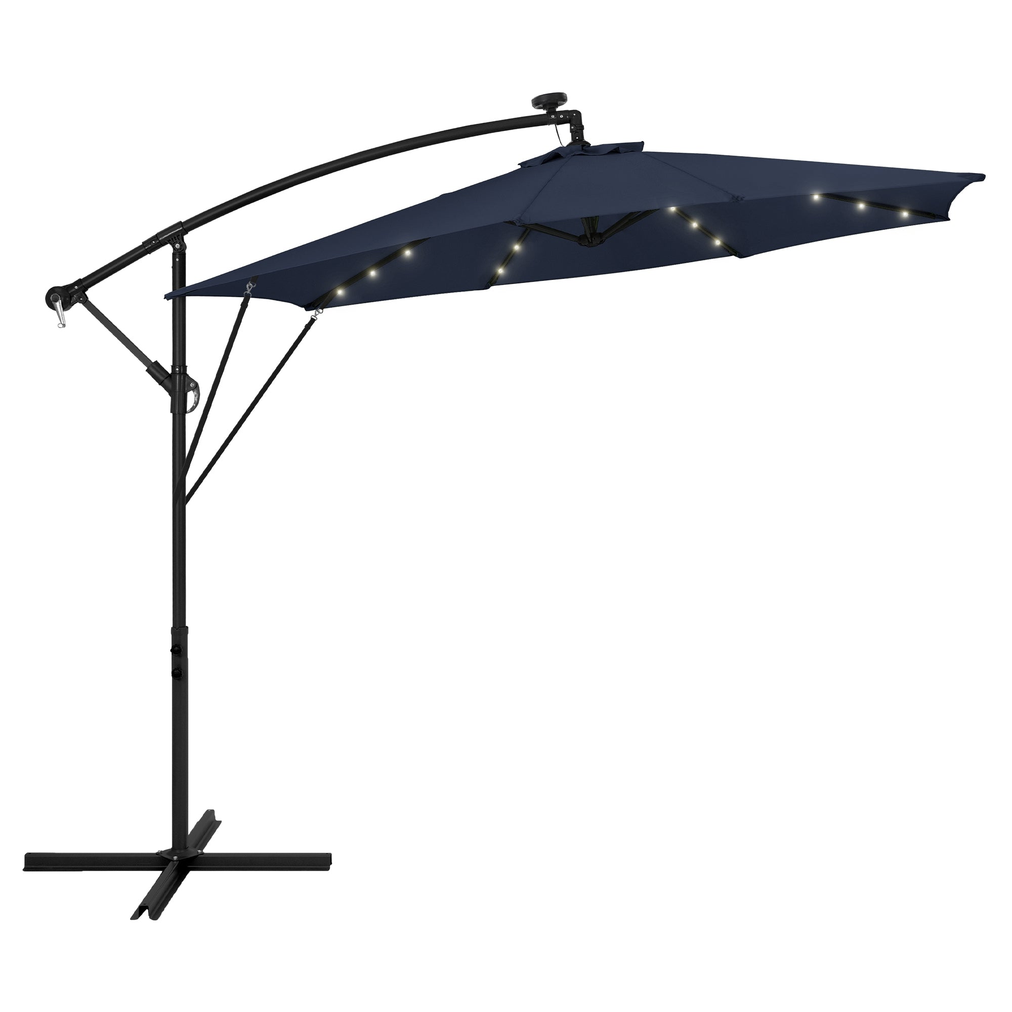 Blauer Sonnenschirm mit LED-Beleuchtung, aufgestellt und beleuchtet.