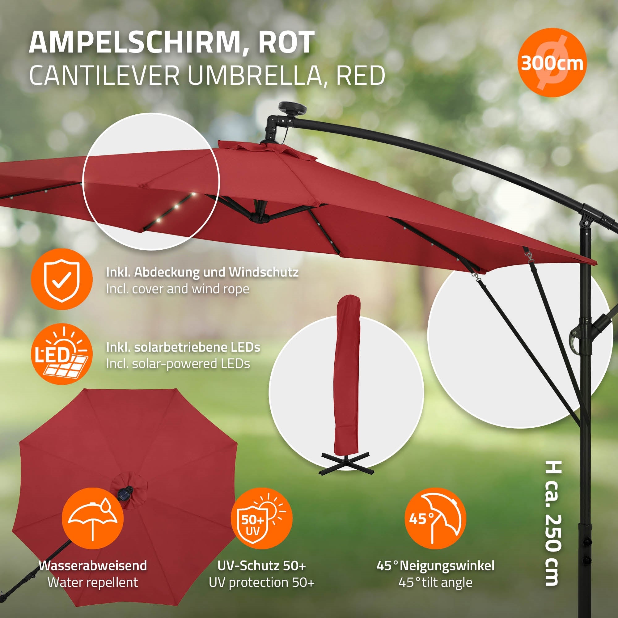 Ampelschirm in Rot mit LED-Beleuchtung, Höhe ca. 250 cm.