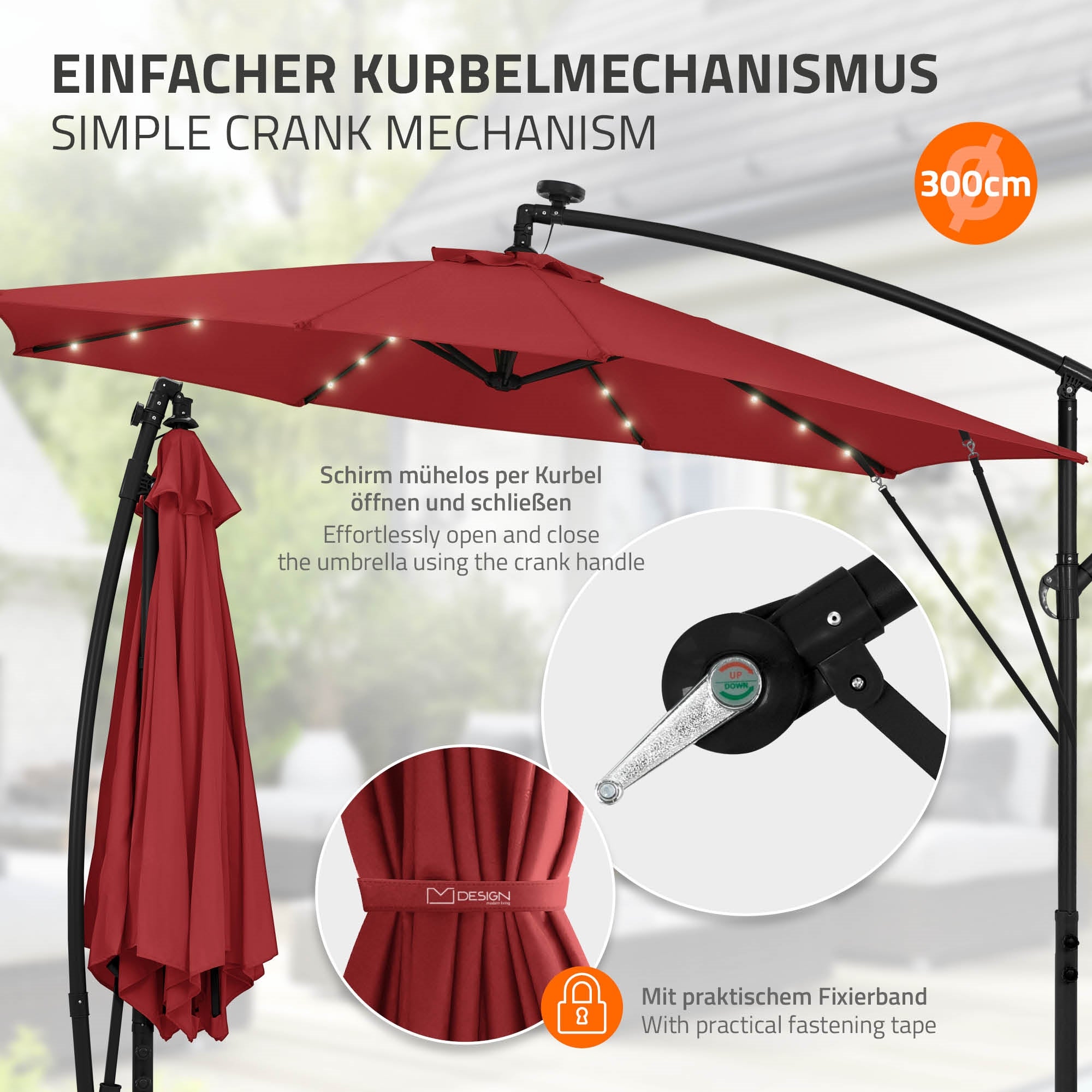 Sonnenschirm mit Kurbelmechanismus und Fixierband.