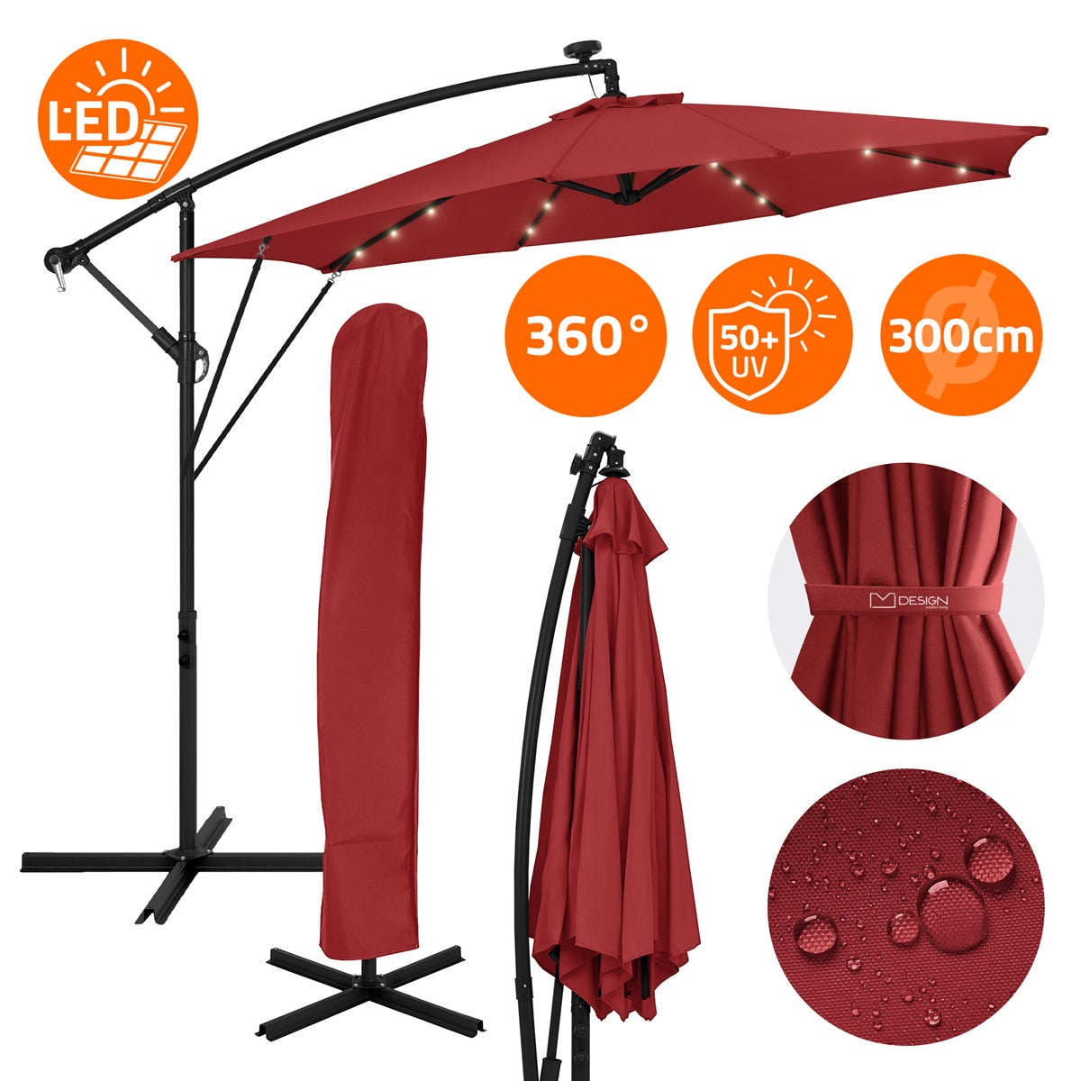 Red parasol with LED lighting, on a stand with a protective cover.