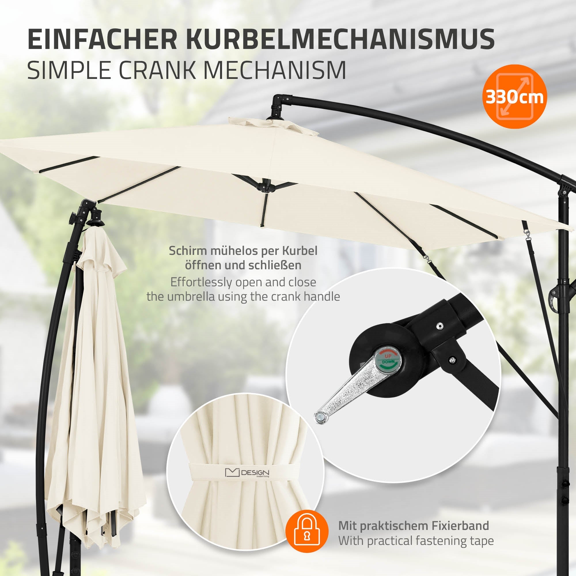 Schirm mit Kurbelmechanismus, beige, 330 cm Durchmesser, auf einem Gestell.