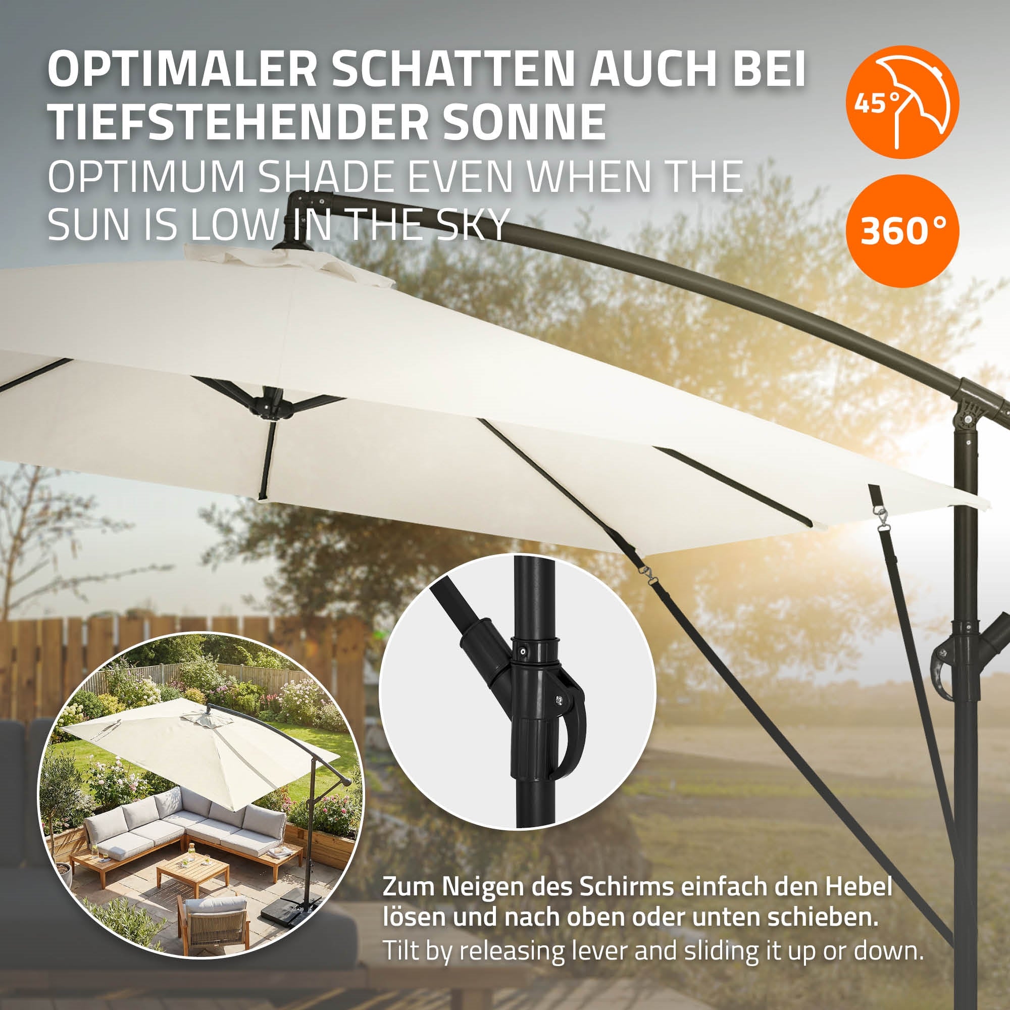 Grafik eines Ampelschirms mit Neigungswinkel und Drehfunktion.