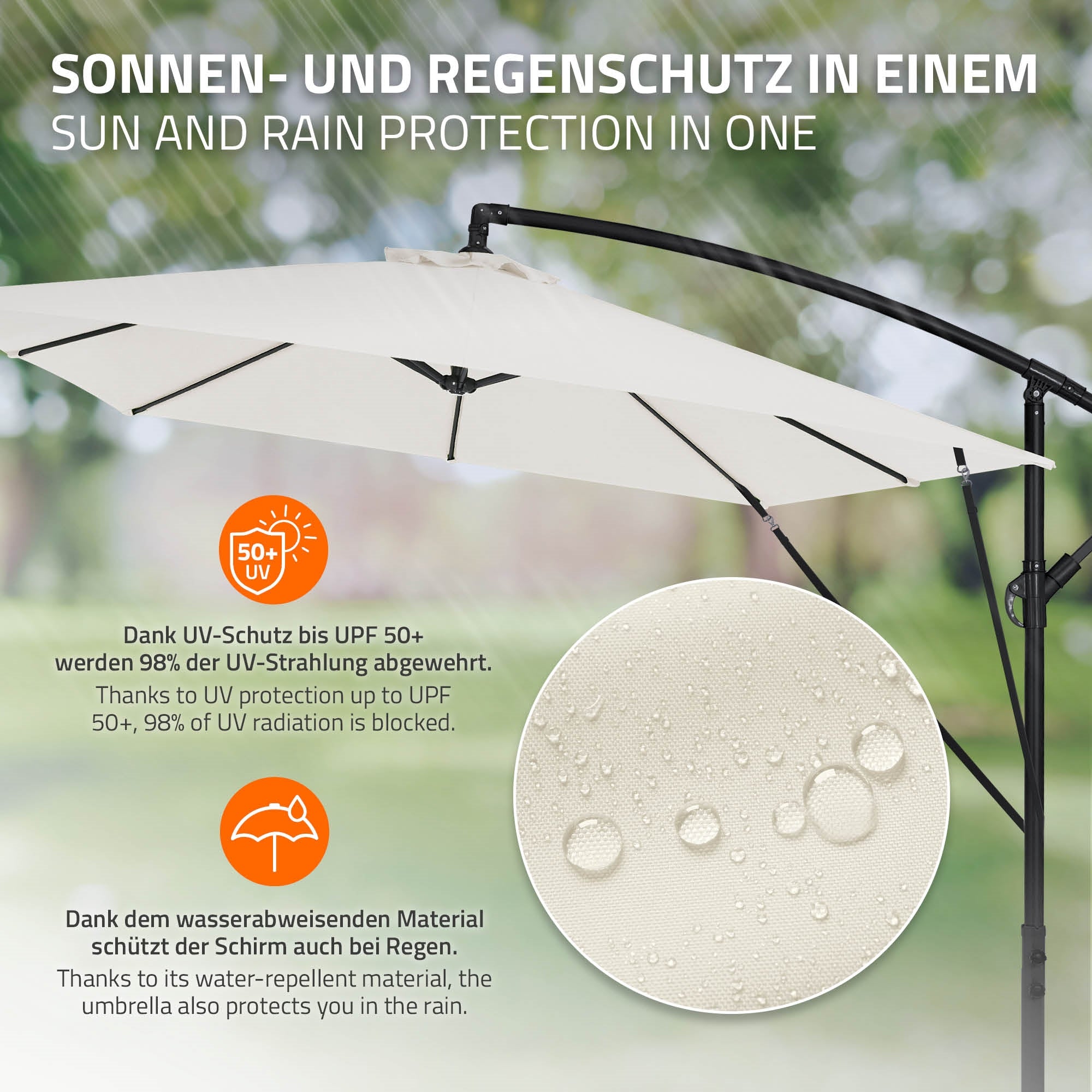 Ampelschirm in Beige, zeigt Wasser- und UV-Schutz.