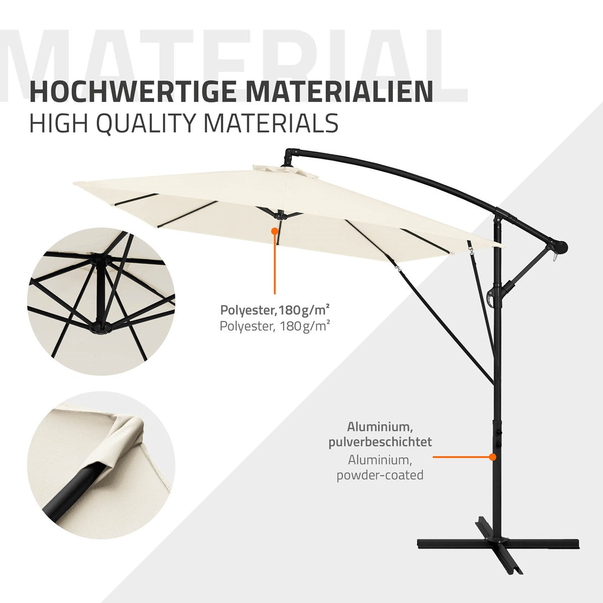 Close-up of a cantilever parasol with materials and descriptions.