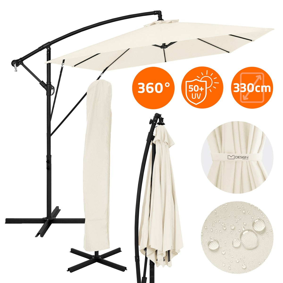 Sombrilla beige con funda protectora y material repelente al agua.