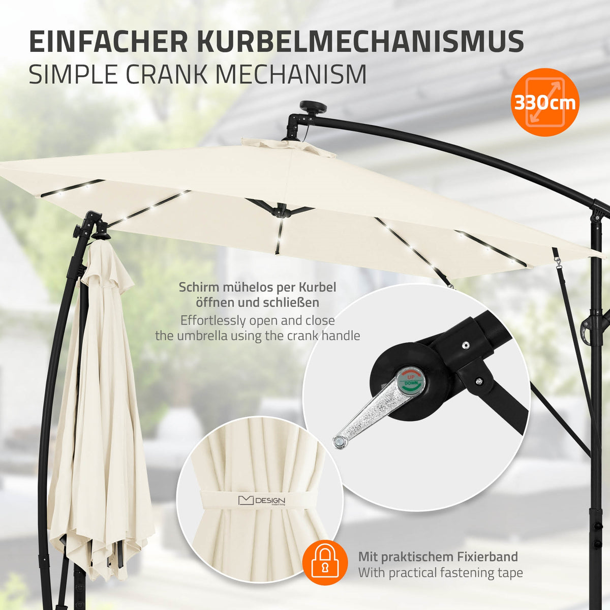 Graphic of a sun umbrella with a crank mechanism for easy opening and closing.