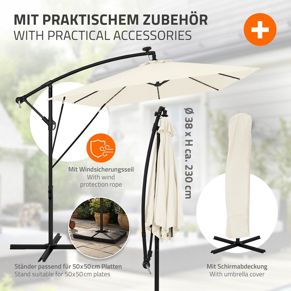 Schirm mit Zubehör, weißer Stoff, Ständer und Schutzhülle.