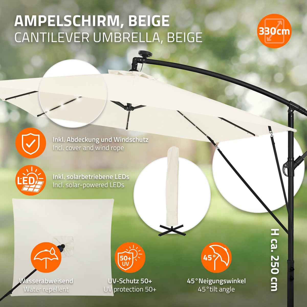 Beiger Ampelschirm mit Abdeckung und Windschutz, 330 cm Durchmesser.