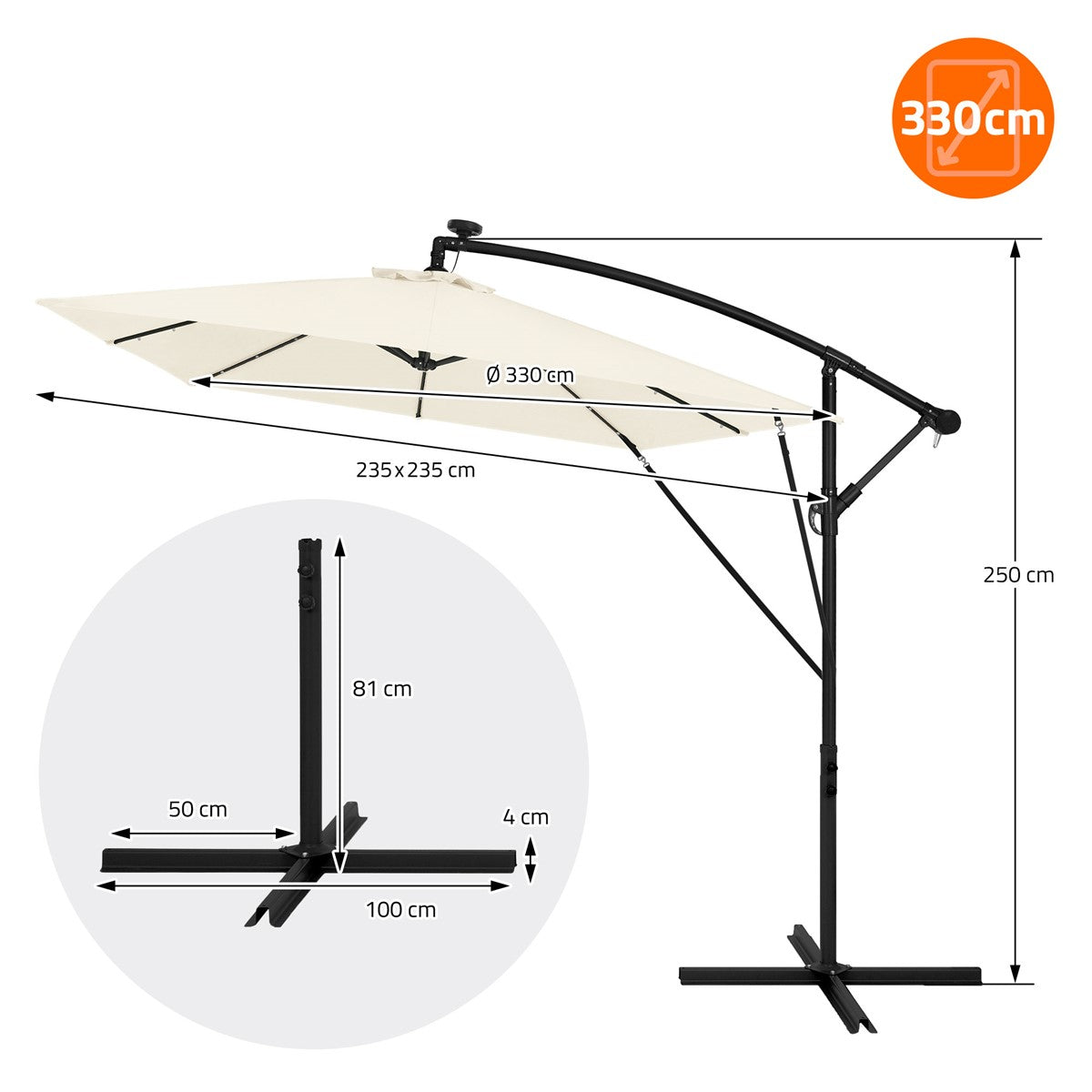 Technische Zeichnung eines Sonnenschirms mit Maßen und Details.