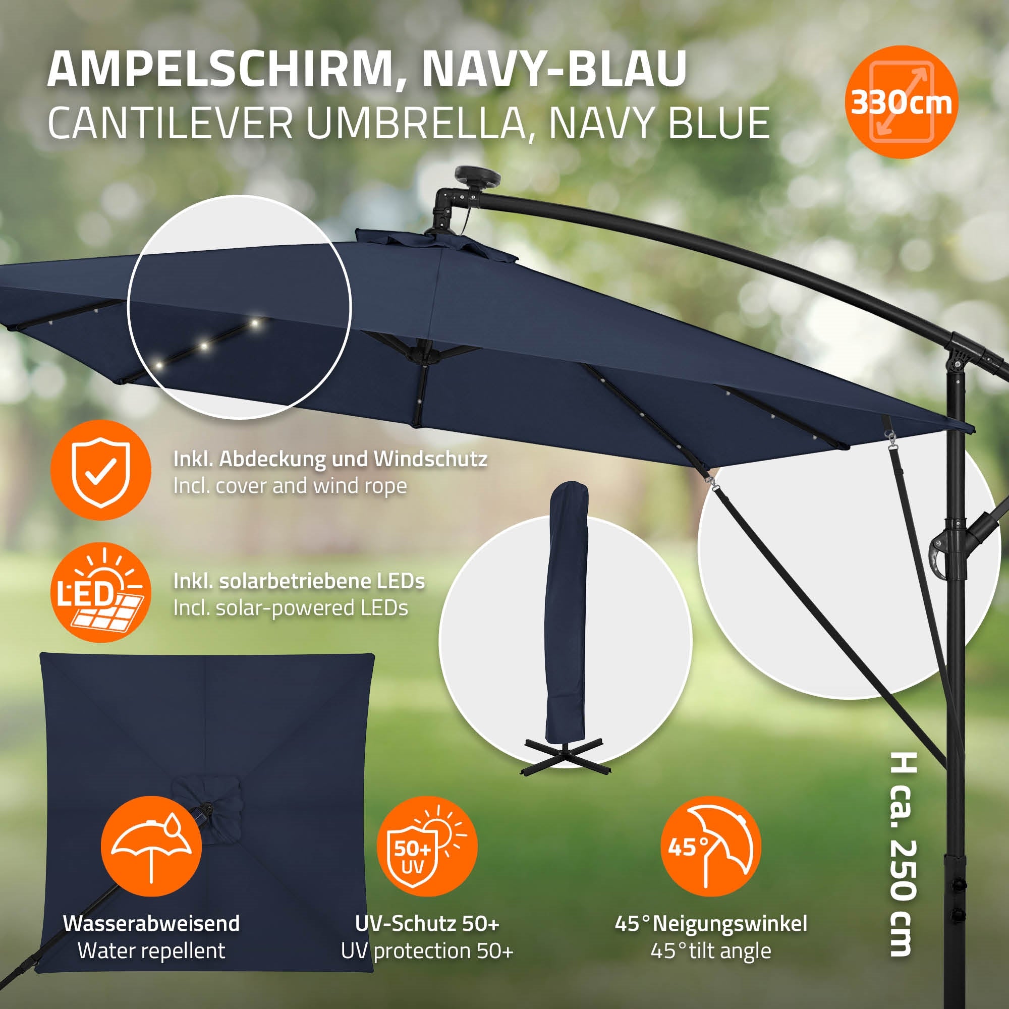 Navy-blauer Ampelschirm mit Abdeckung und Windschutz, 330 cm Durchmesser.