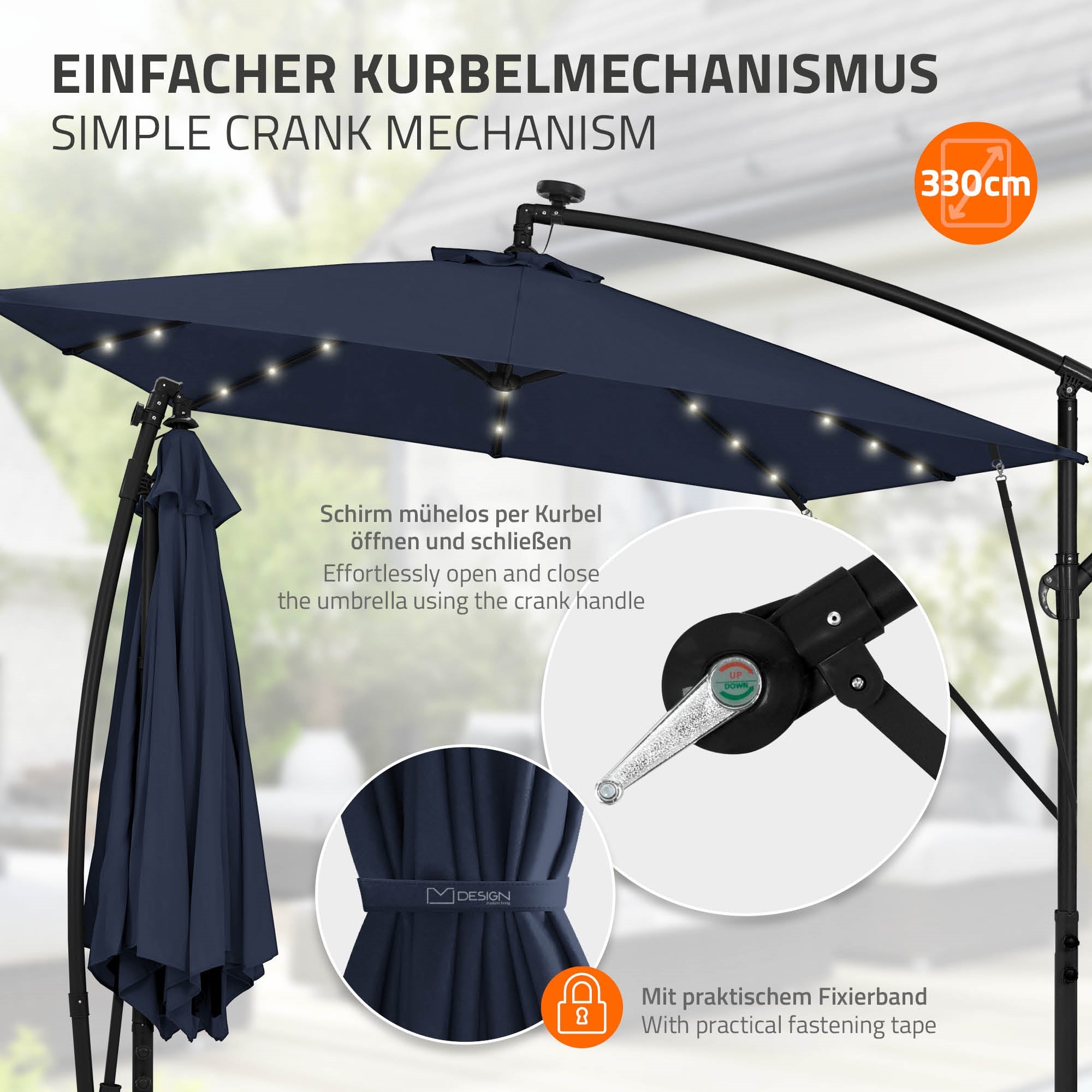 Schirm mit Kurbelmechanismus und LED-Beleuchtung, 330 cm Durchmesser.
