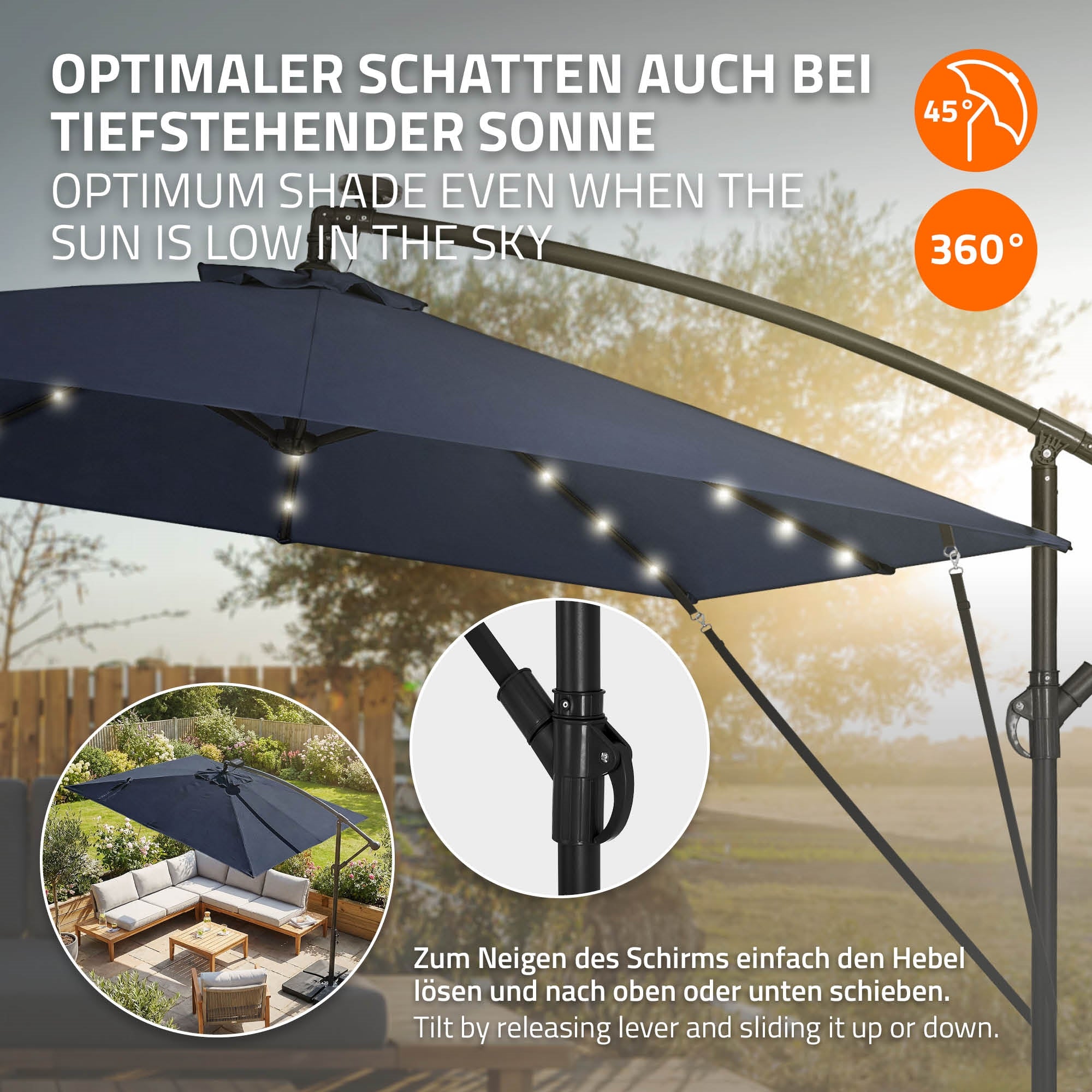 Sonnenschirm mit LED-Beleuchtung, neigbar und drehbar, auf einer Terrasse.