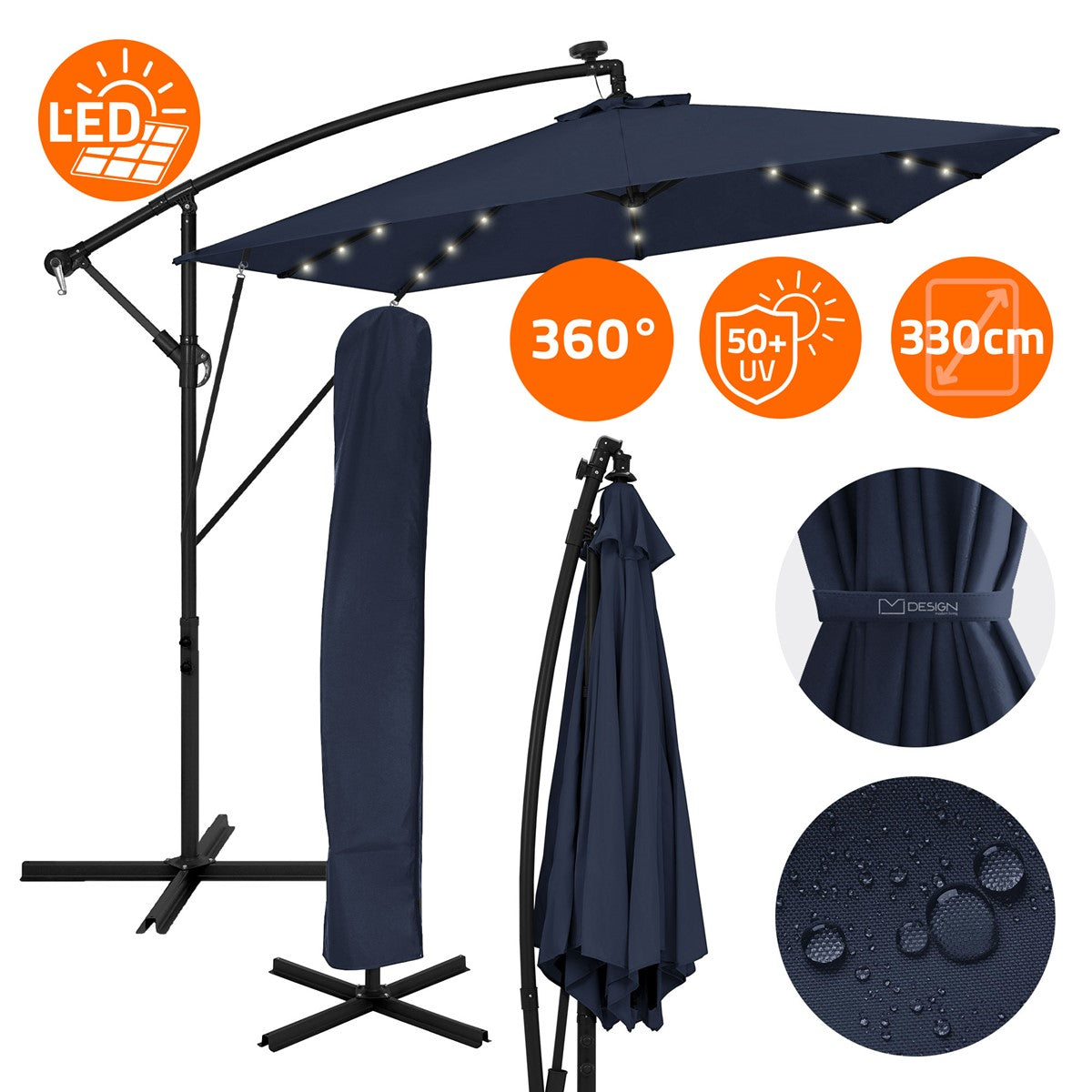 Dark blue parasol with LED lighting and water-repellent fabric.