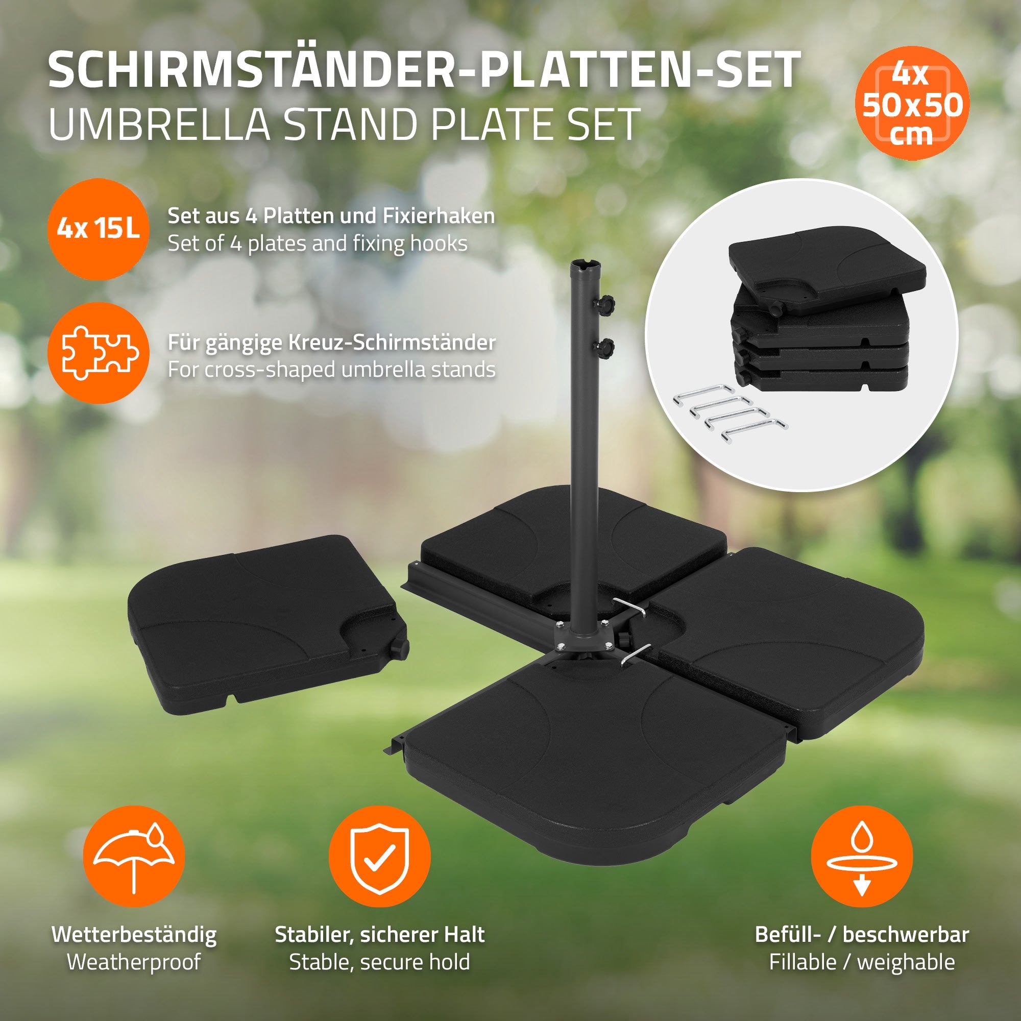 Schirmständer-Platten-Set, vier Platten, wetterbeständig.