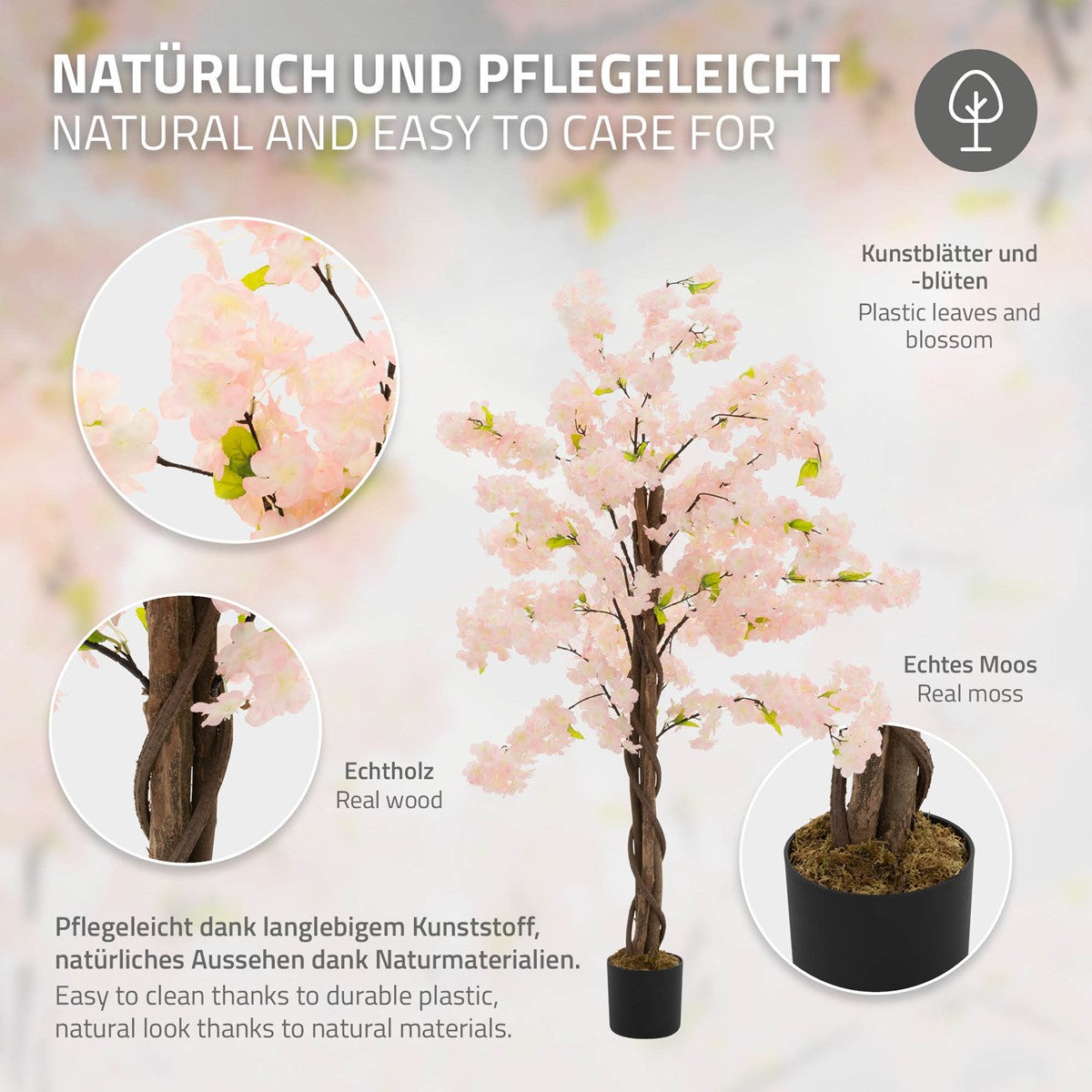 Albero artificiale con fiori rosa, facile da curare, in plastica resistente, muschio vero.