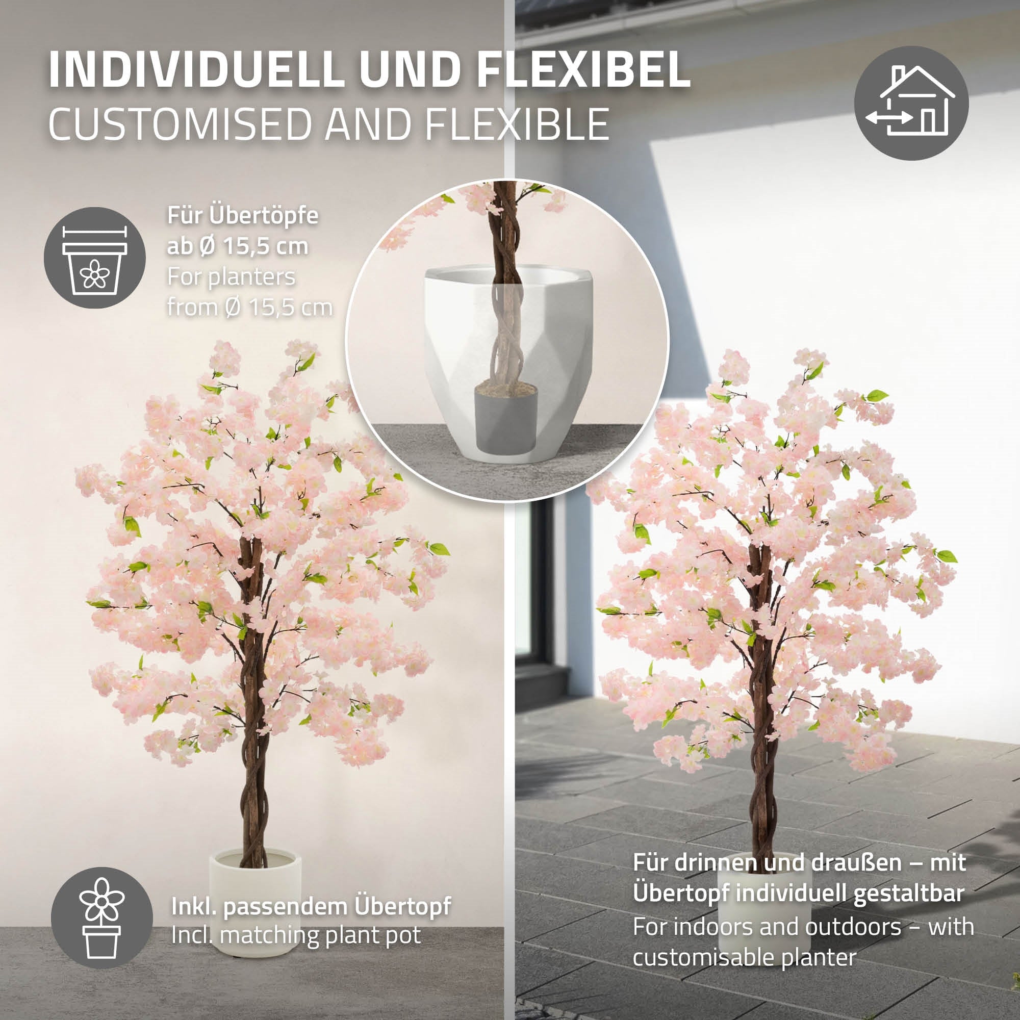 A flowering tree in a white pot, suitable for indoor and outdoor areas.