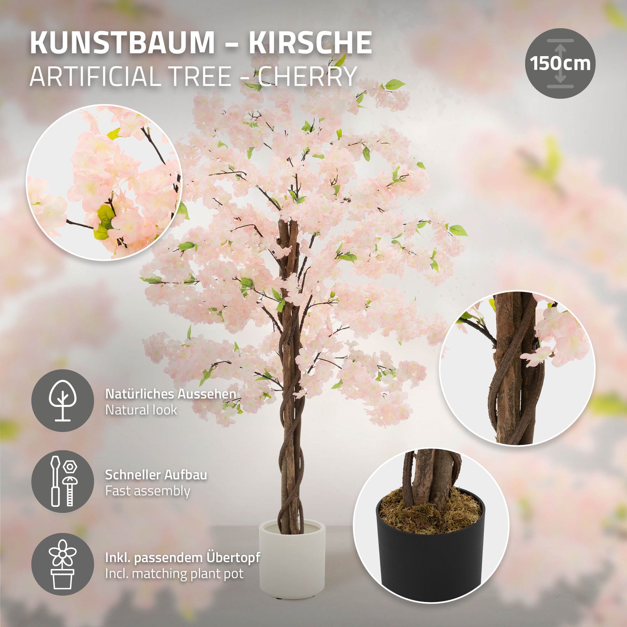 Kunstbaum mit rosa Blüten in einem Topf, 150 cm hoch, natürlicher Look.