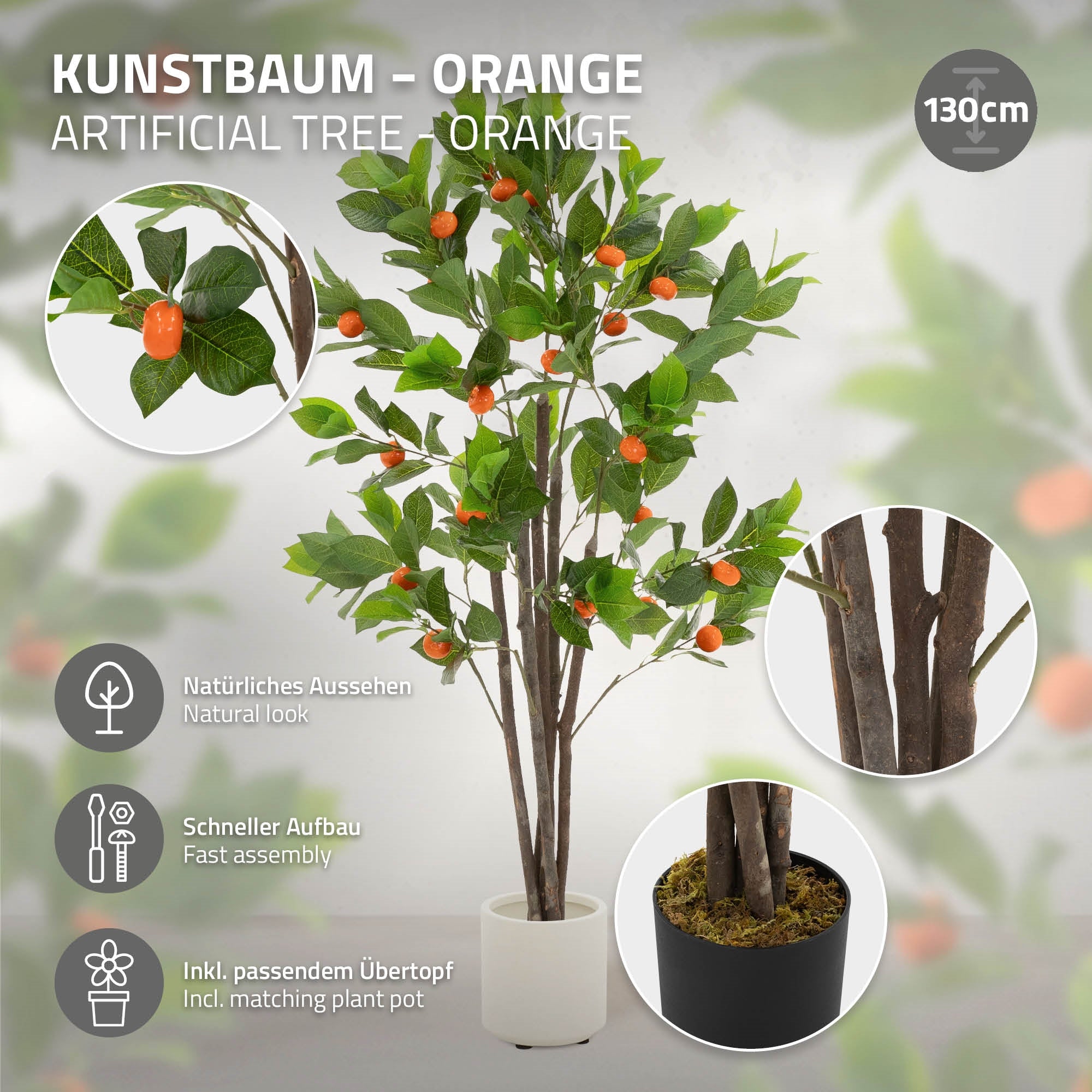 Ein künstlicher Orangenbaum mit einer Beschreibung und einem passenden Übertopf.