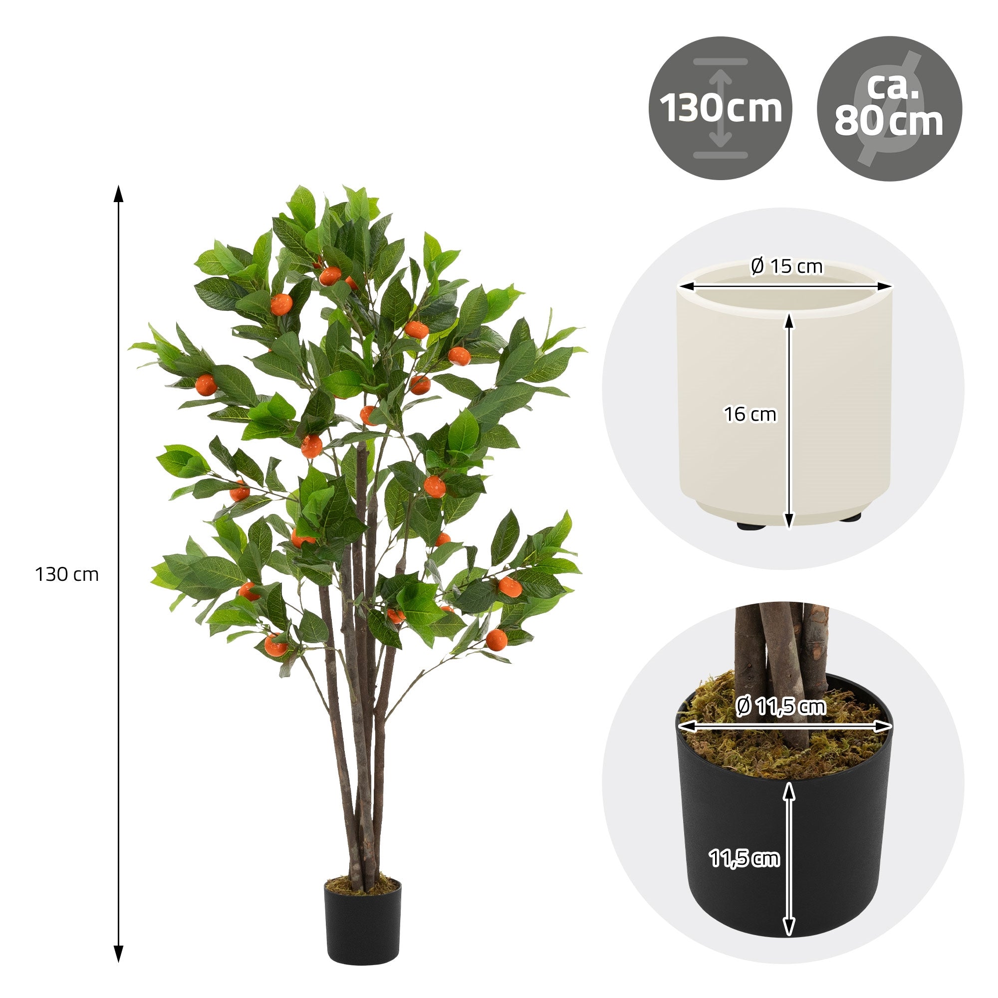 Artificial tree with green leaves and orange fruits, height 130 cm.