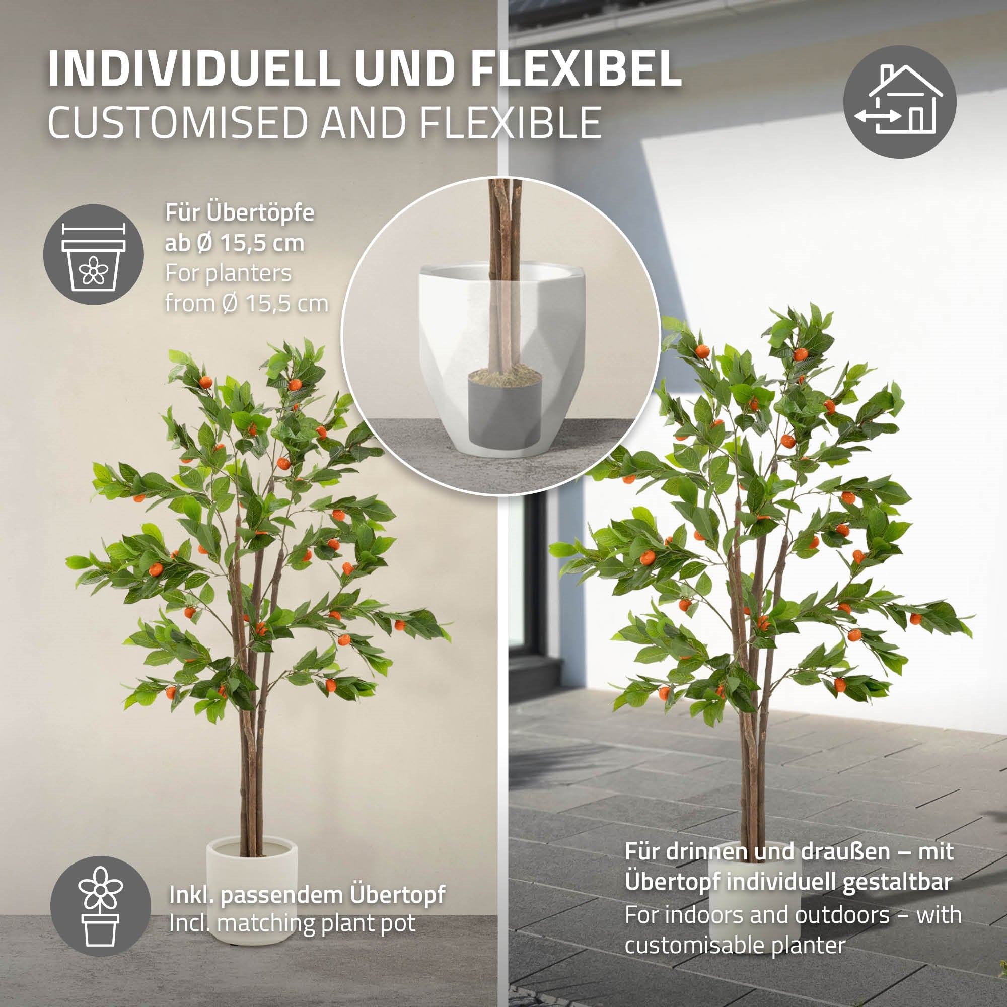 Kunstbaum mit grünen Blättern und orangefarbenen Früchten in einem weißen Topf.