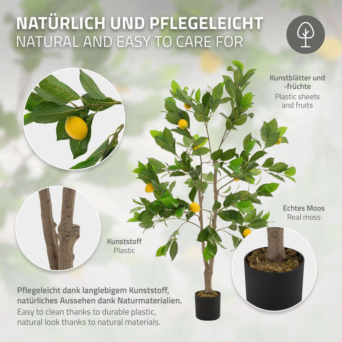 Albero artificiale con frutti gialli, foglie artificiali e muschio vero nel vaso.