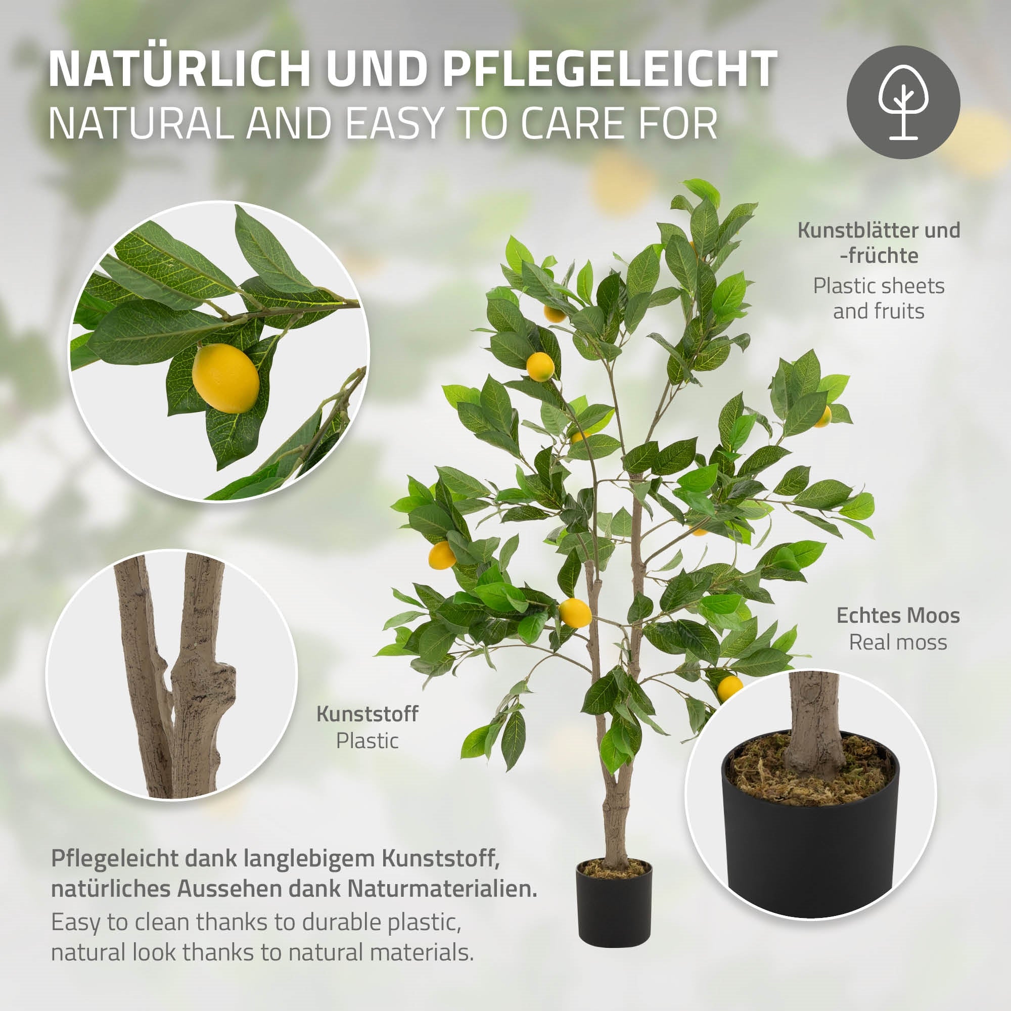 Kunstbaum mit gelben Früchten, Kunstblättern und echtem Moos im Topf.
