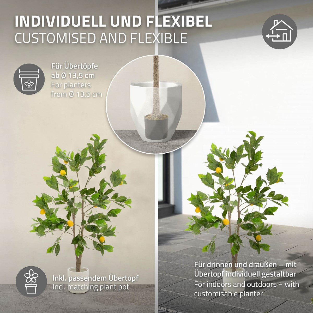 Albero artificiale con foglie verdi e frutti gialli in un vaso bianco.