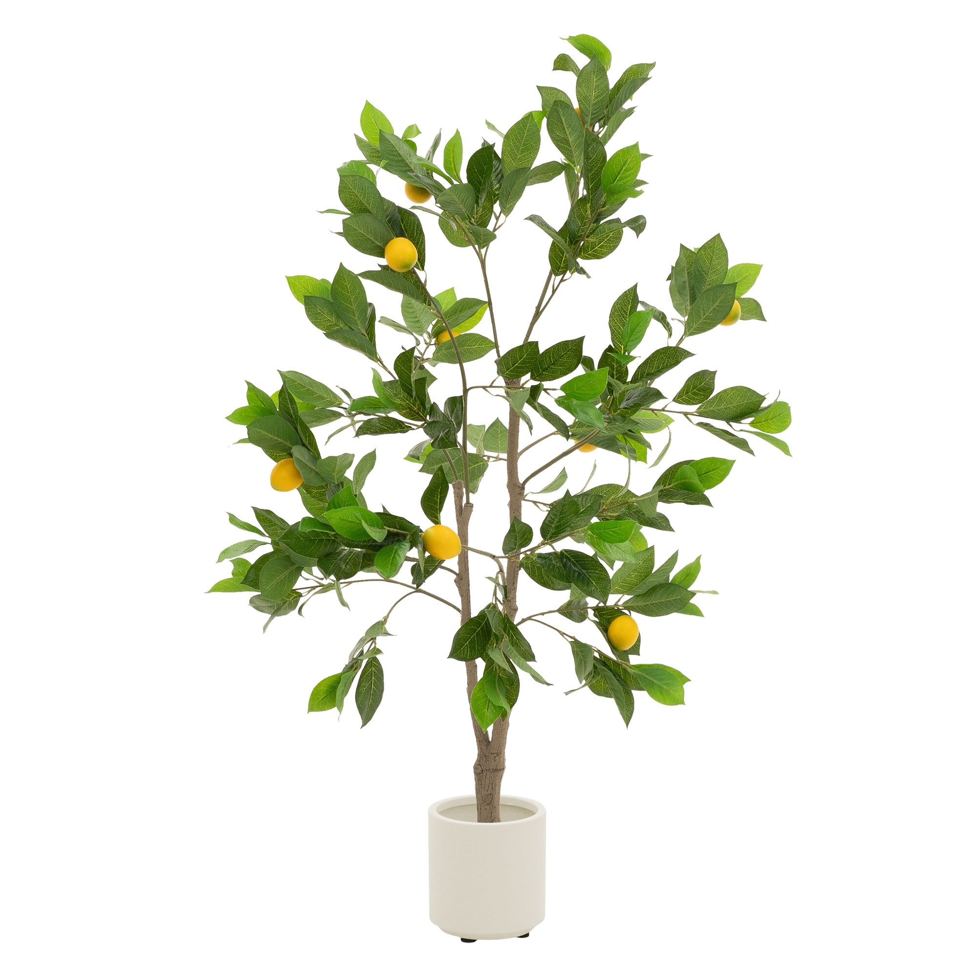 Ein künstlicher Baum mit grünen Blättern und gelben Früchten in einem weißen Topf.