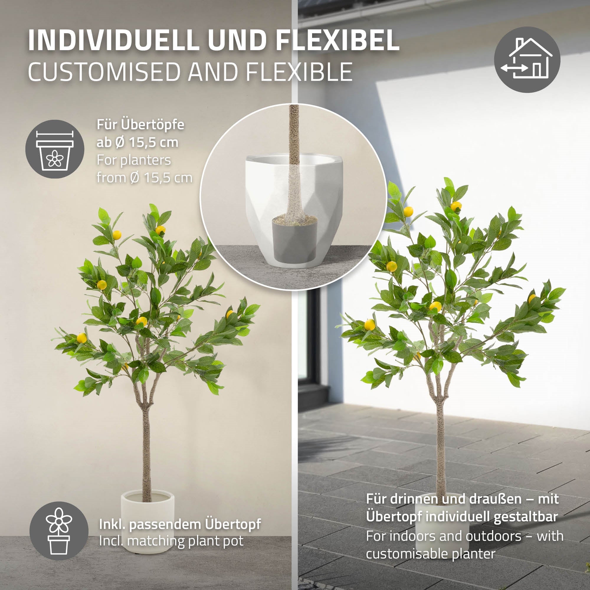Grafik mit einem Baum und einem passenden Übertopf, für drinnen und draußen.