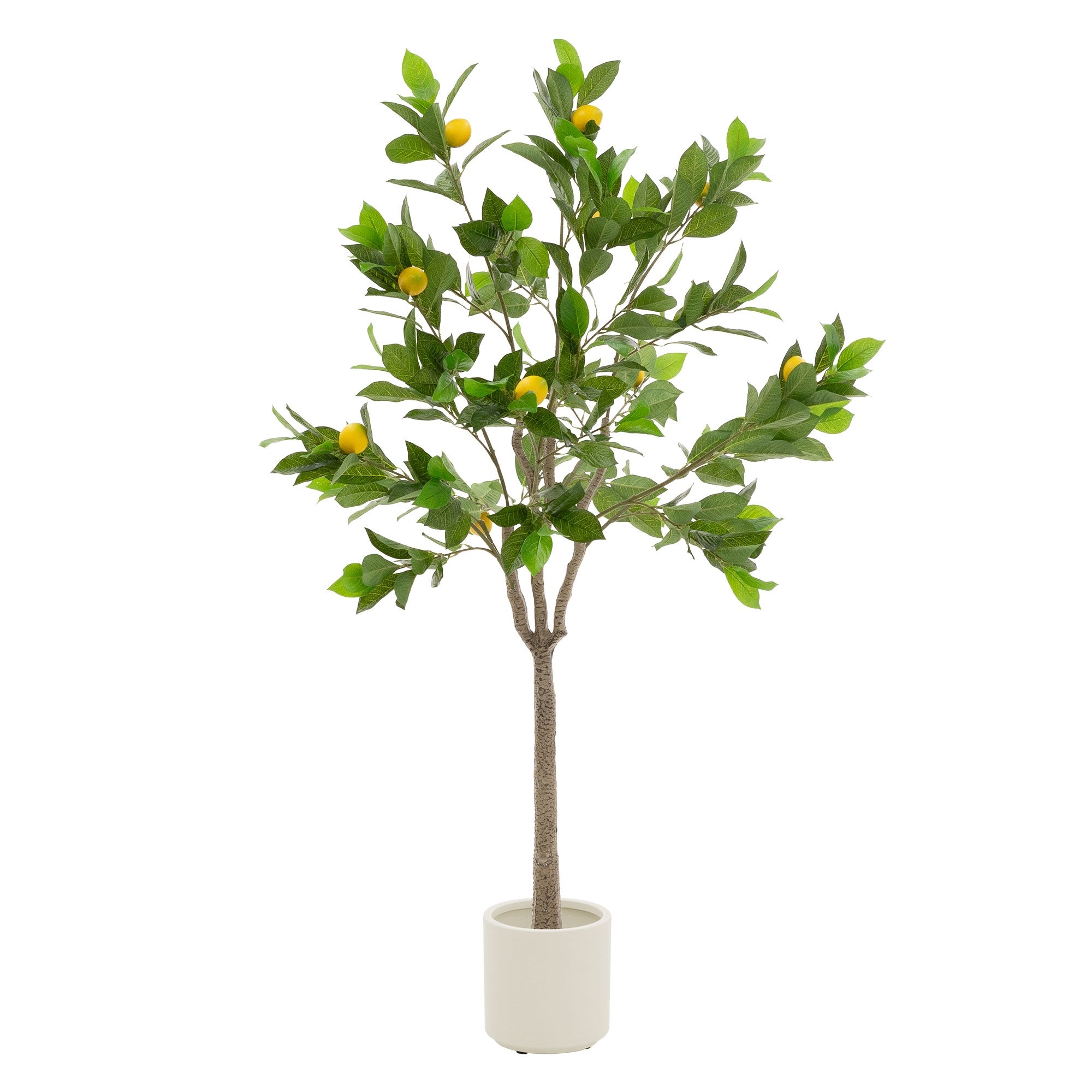 Kunstbaum mit grünen Blättern und gelben Früchten in einem weißen Topf, vor weißem Hintergrund.