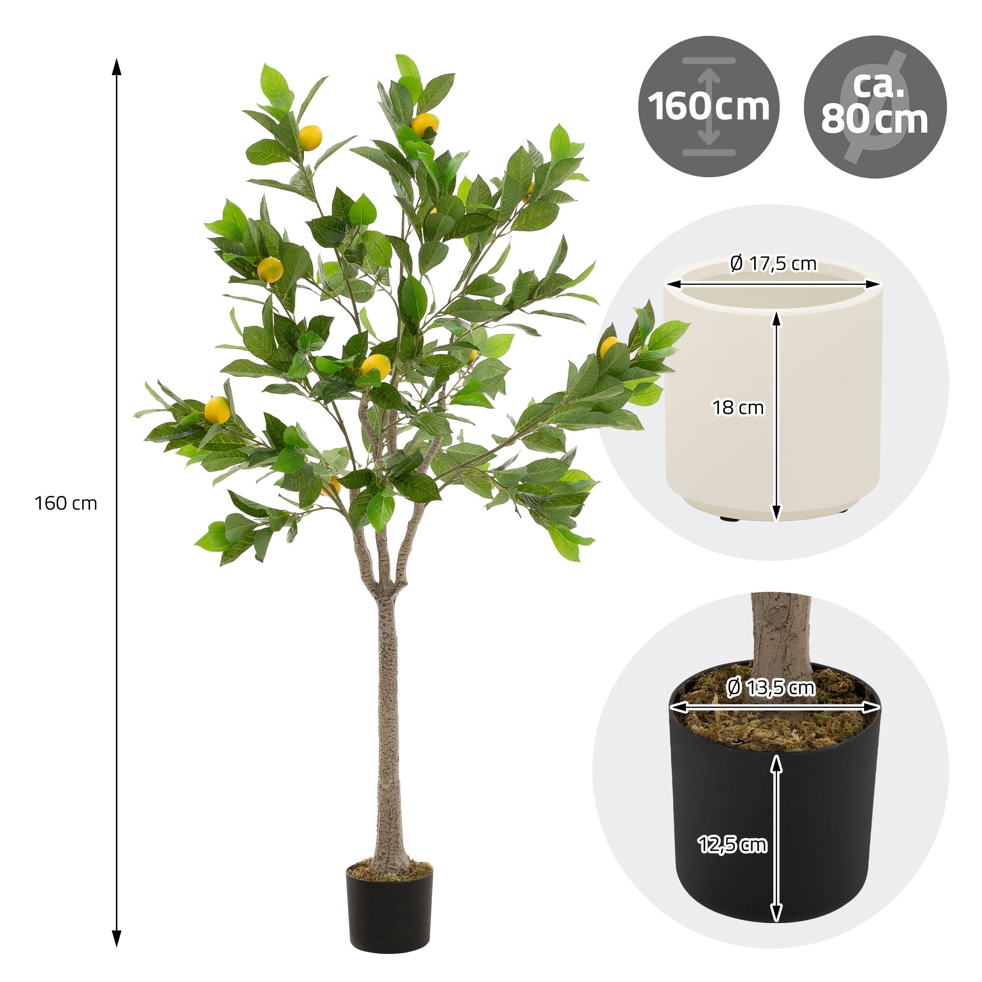 Maßangaben für einen Kunstbaum mit Höhe von 160 cm und Topfdurchmesser.