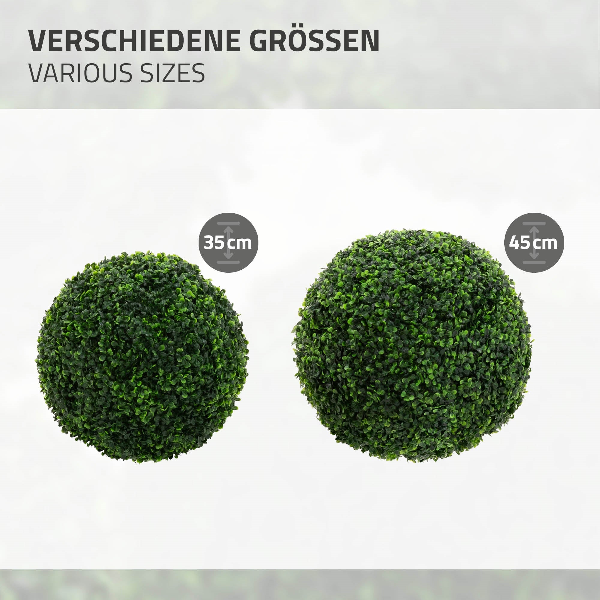 To grønne plantekugler i forskellige størrelser, 35 cm og 45 cm.