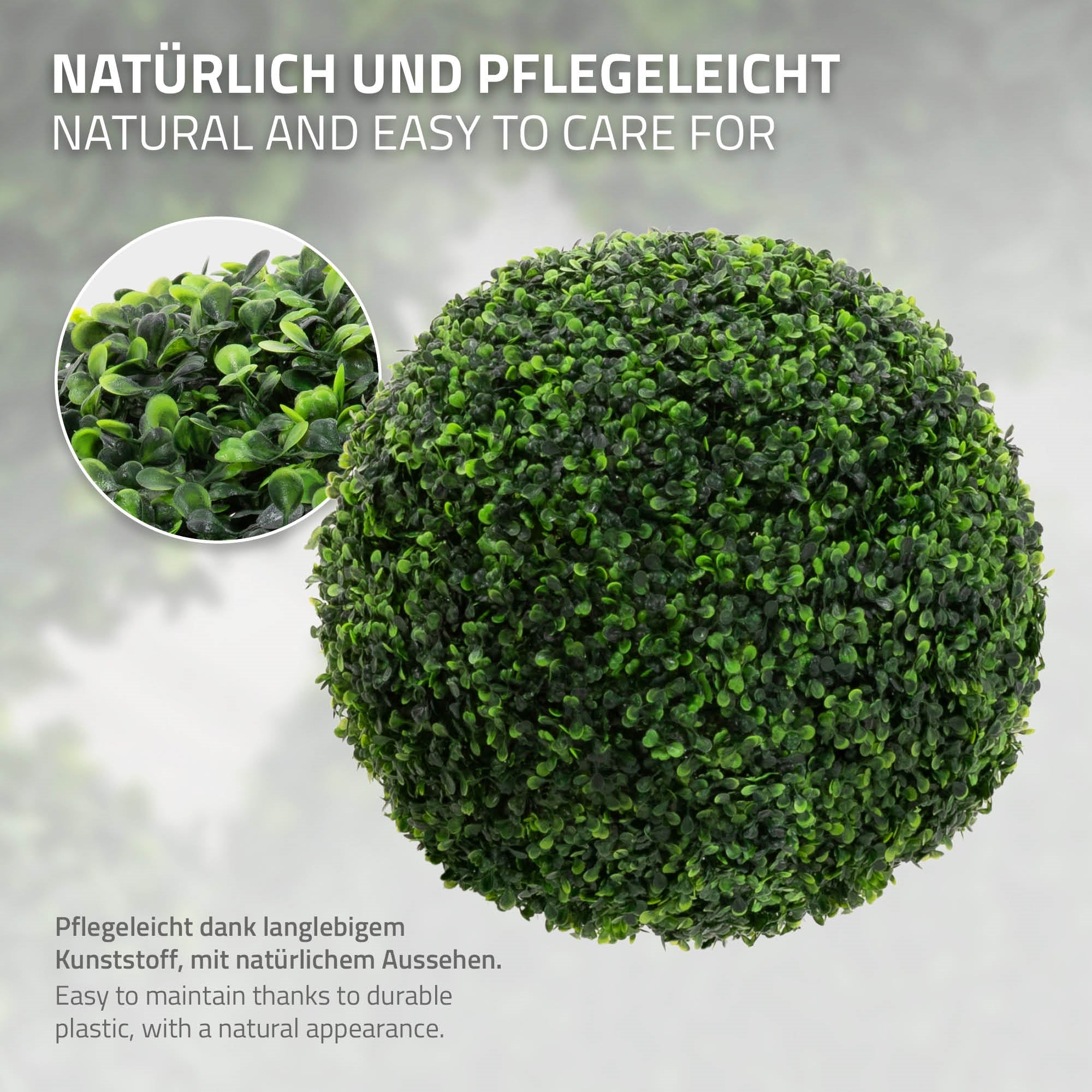 Palla di plastica verde rotonda con aspetto naturale.