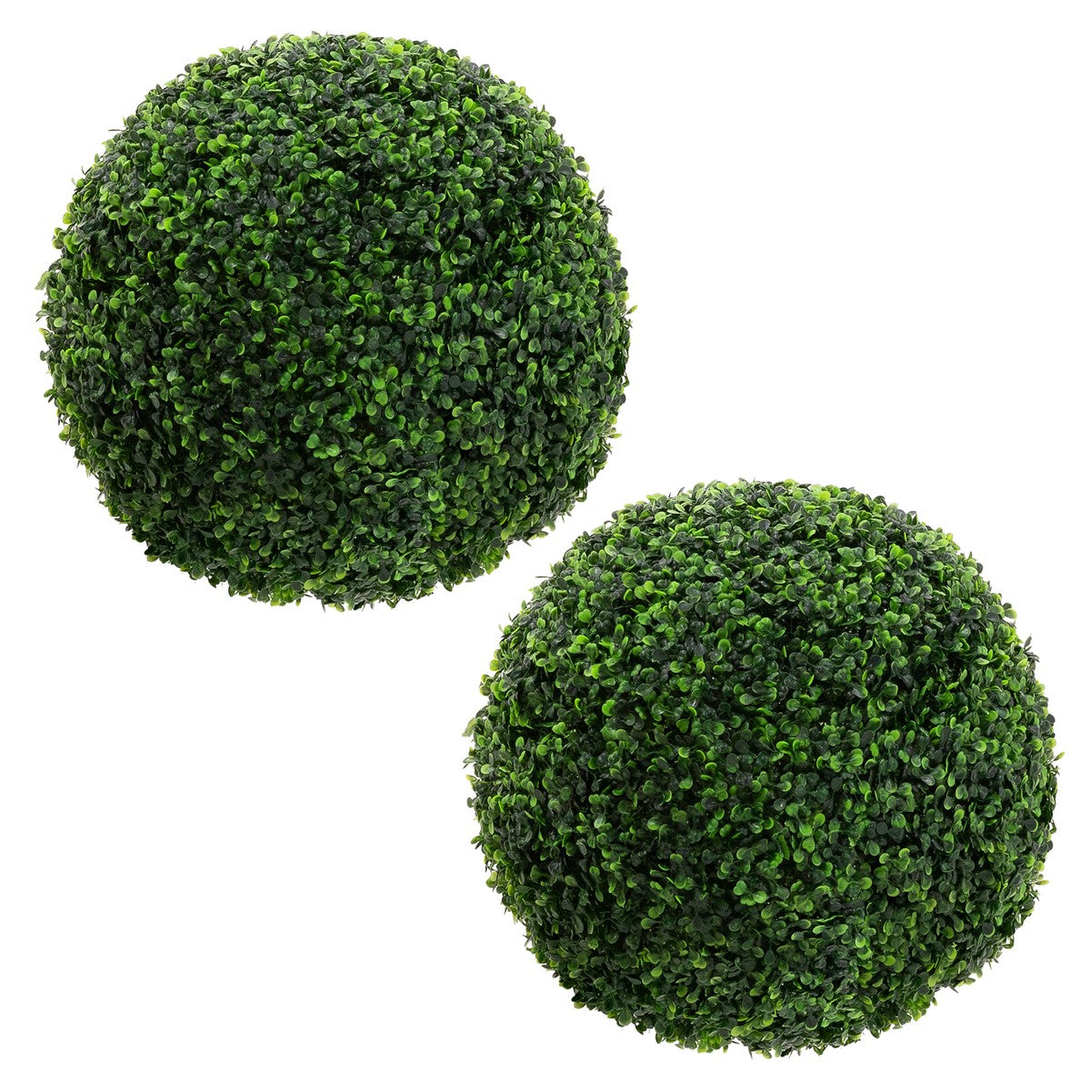 Two green, round plant balls made of synthetic material.