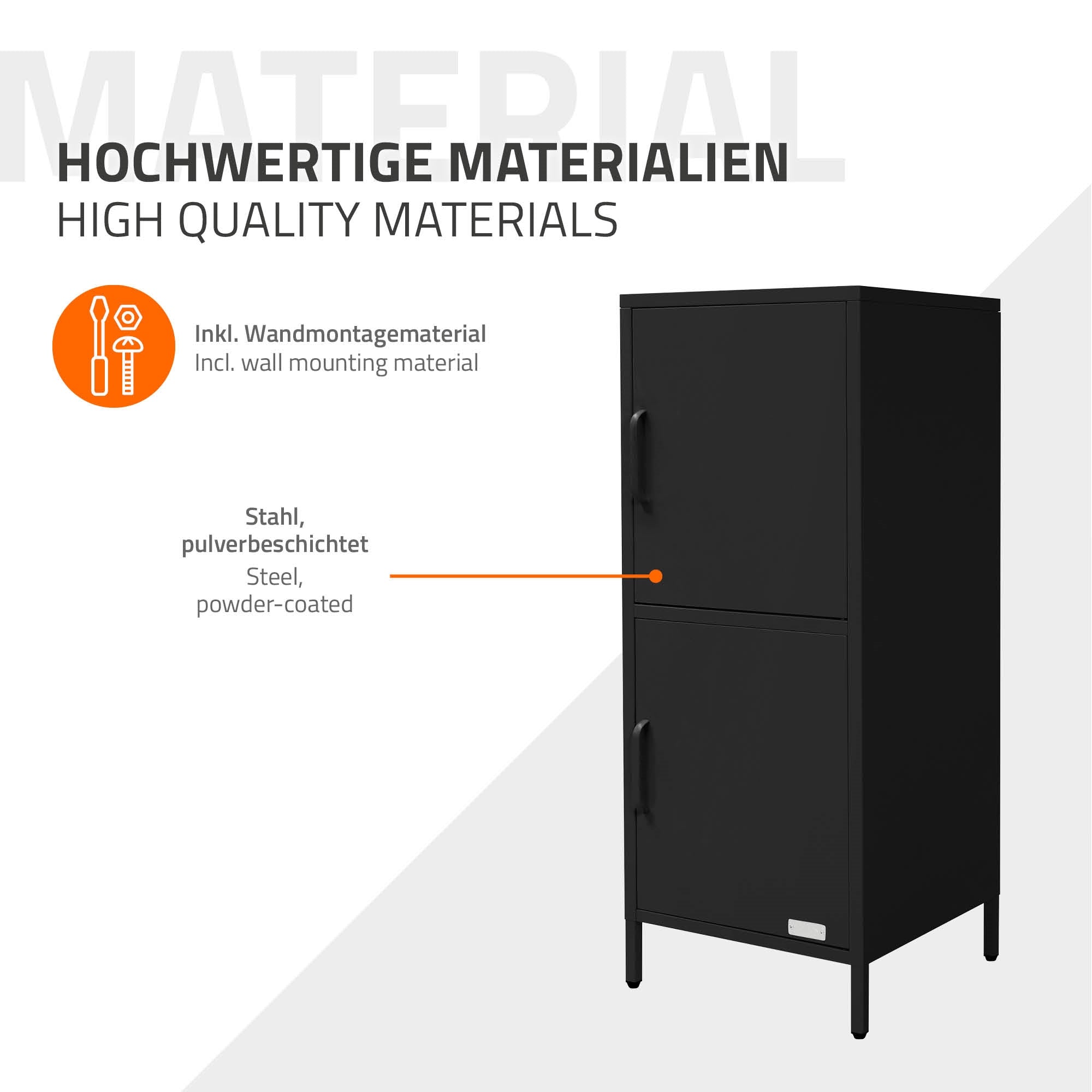 Černý kancelářský skříň s dvěma dveřmi a montážním materiálem na zeď.