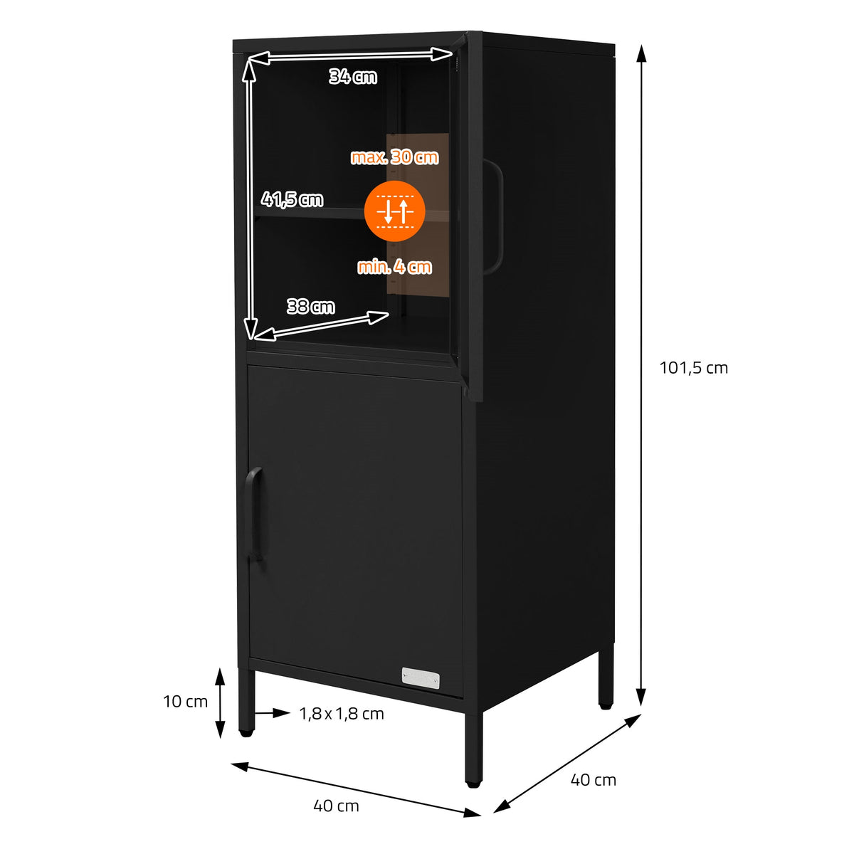 Armoire noire avec dimensions et détails, y compris porte et étagères.