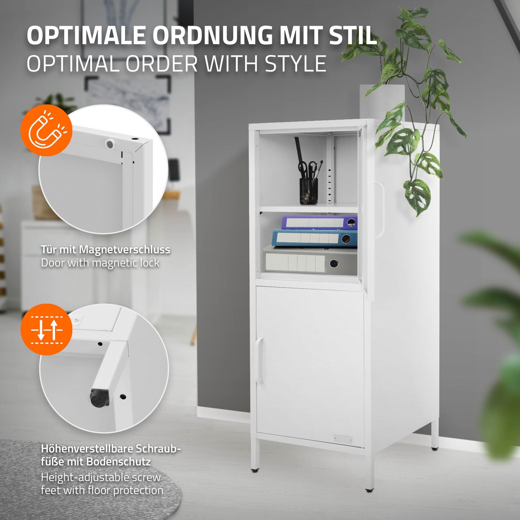 Weißer Schrank mit Magnetverschluss und Pflanzen im Hintergrund.