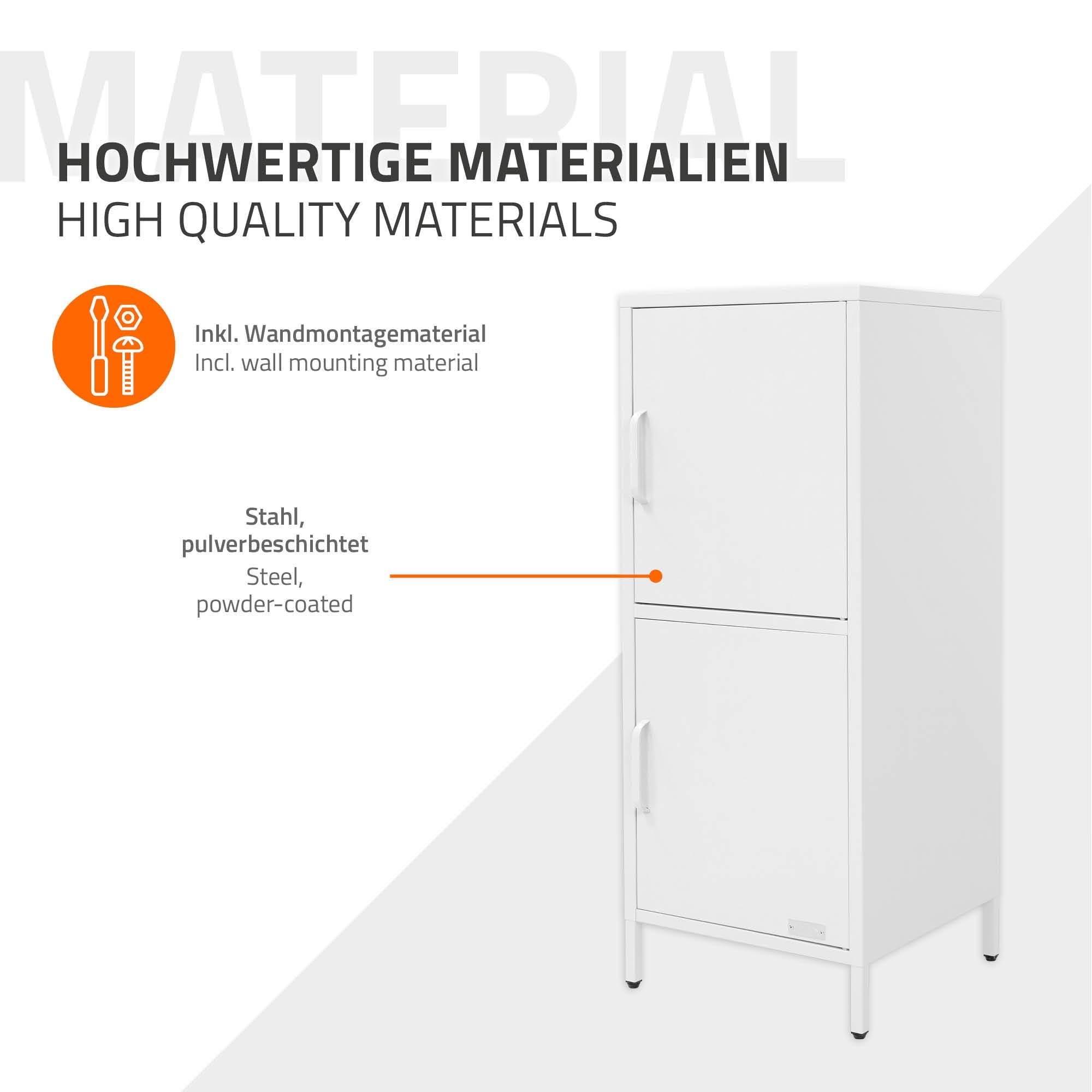 Weißer Aktenschrank mit zwei Türen, beschichtet mit pulverbeschichtetem Stahl.