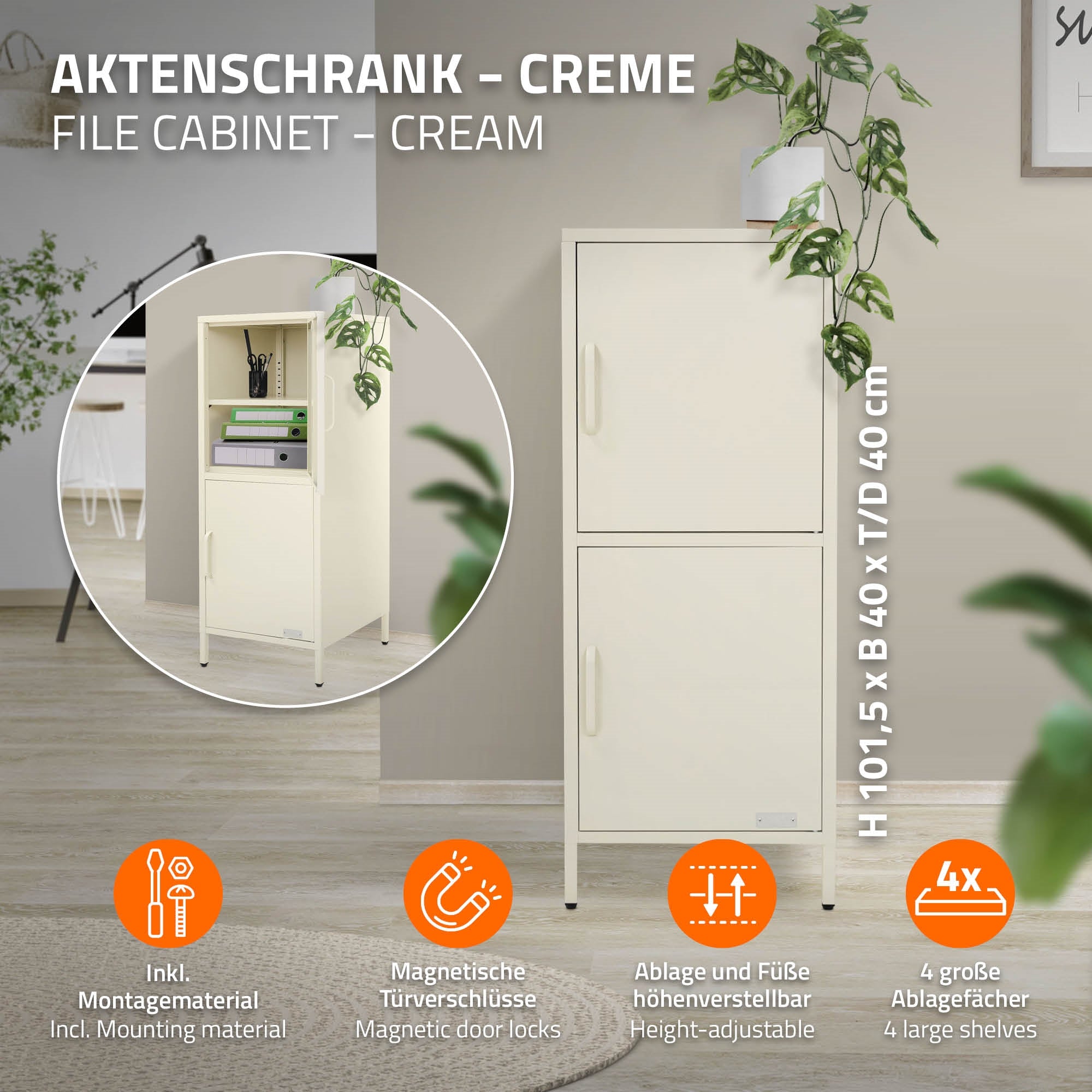 Cremefarbener Aktenschrank mit zwei Türen und einem Regal auf der Oberseite.