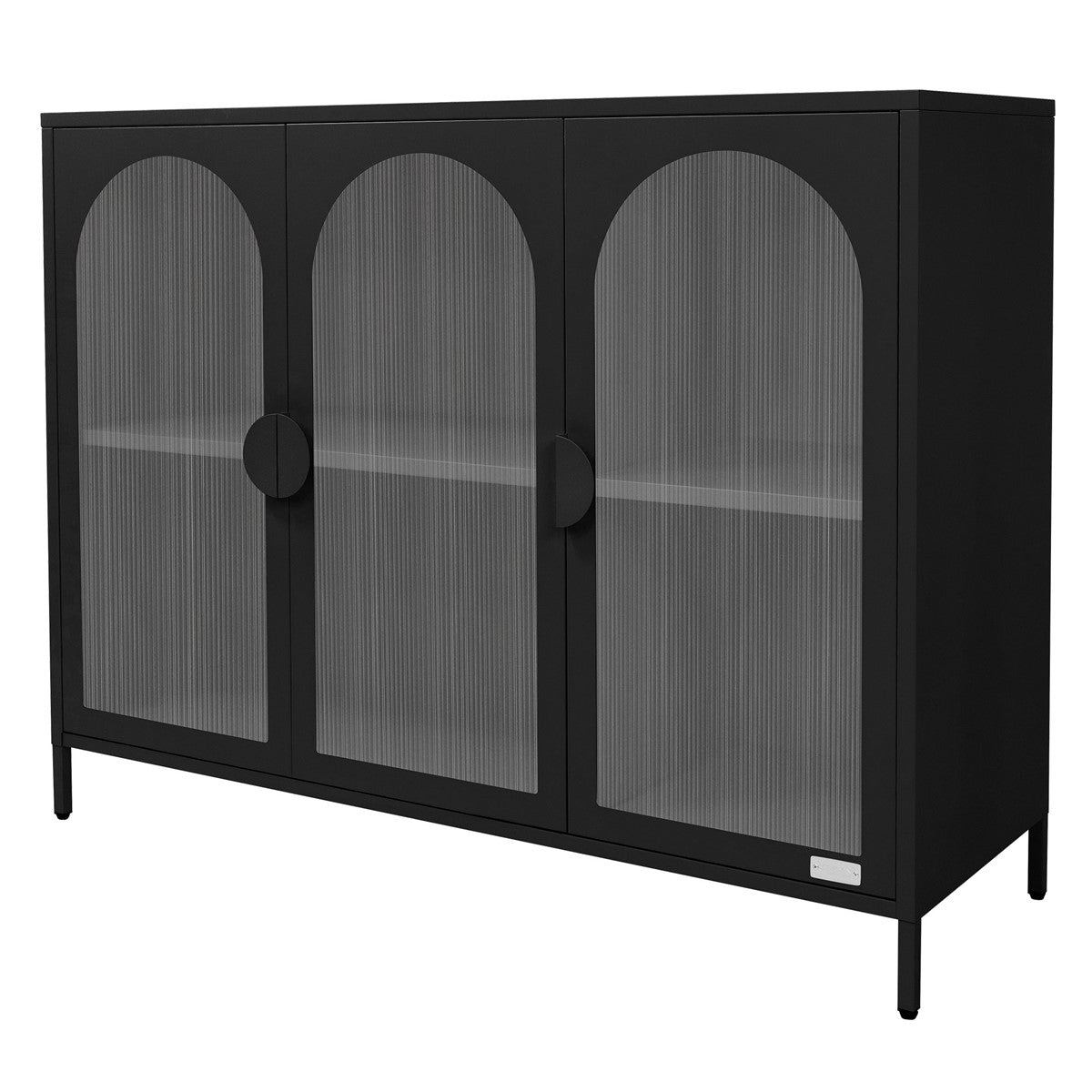 Schwarzer Schrank mit drei Türen, transparenten Fronten und minimalistischer Gestaltung.
