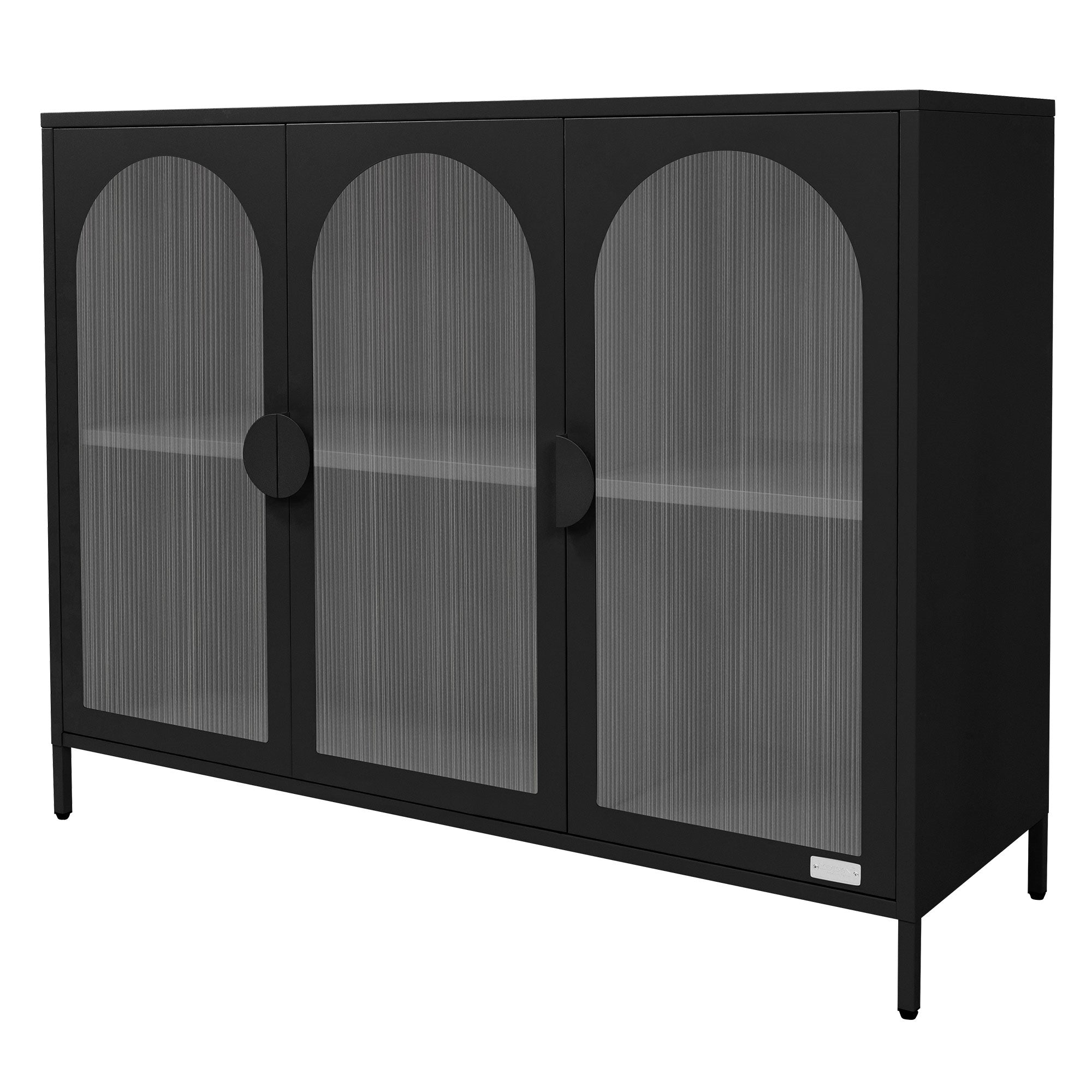 Sort skab med tre døre, transparente fronter og minimalistisk design.