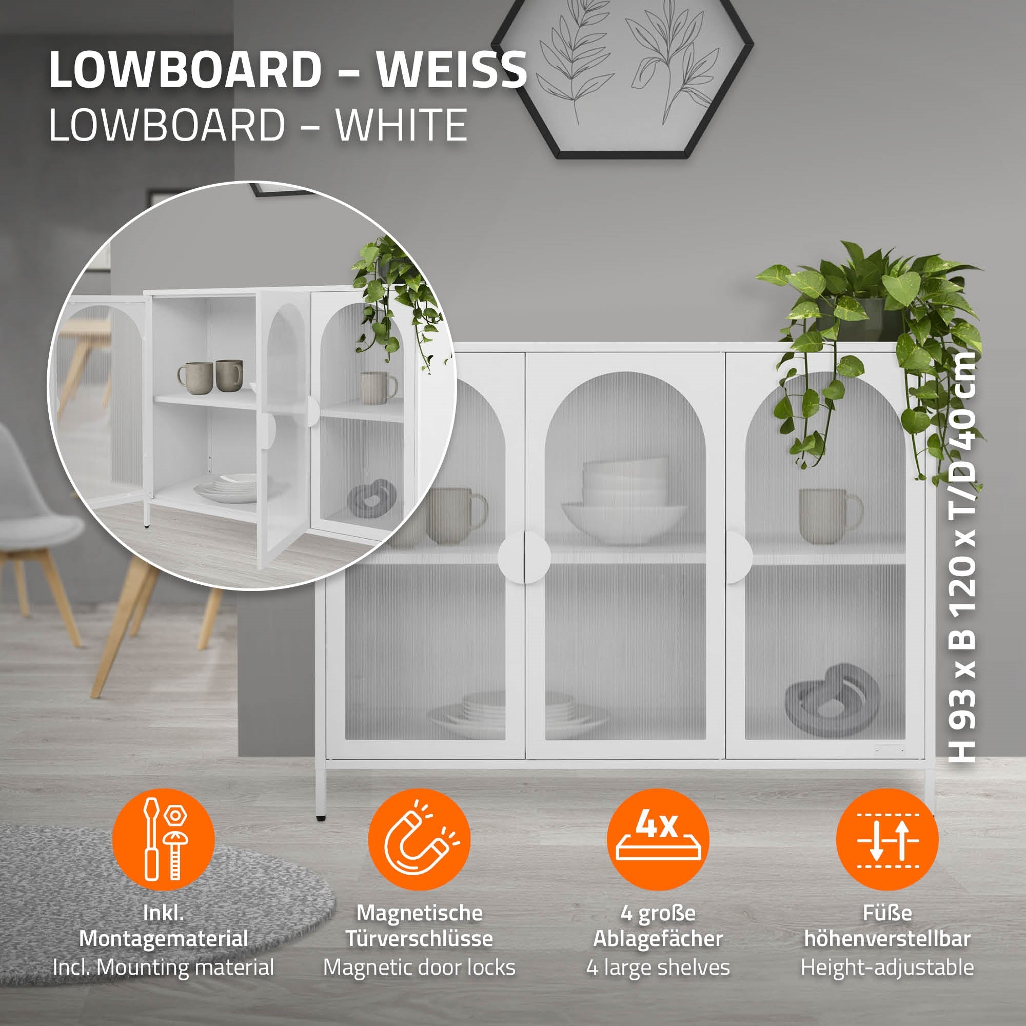 Weißes Lowboard mit vier Fächern und Maßangaben.