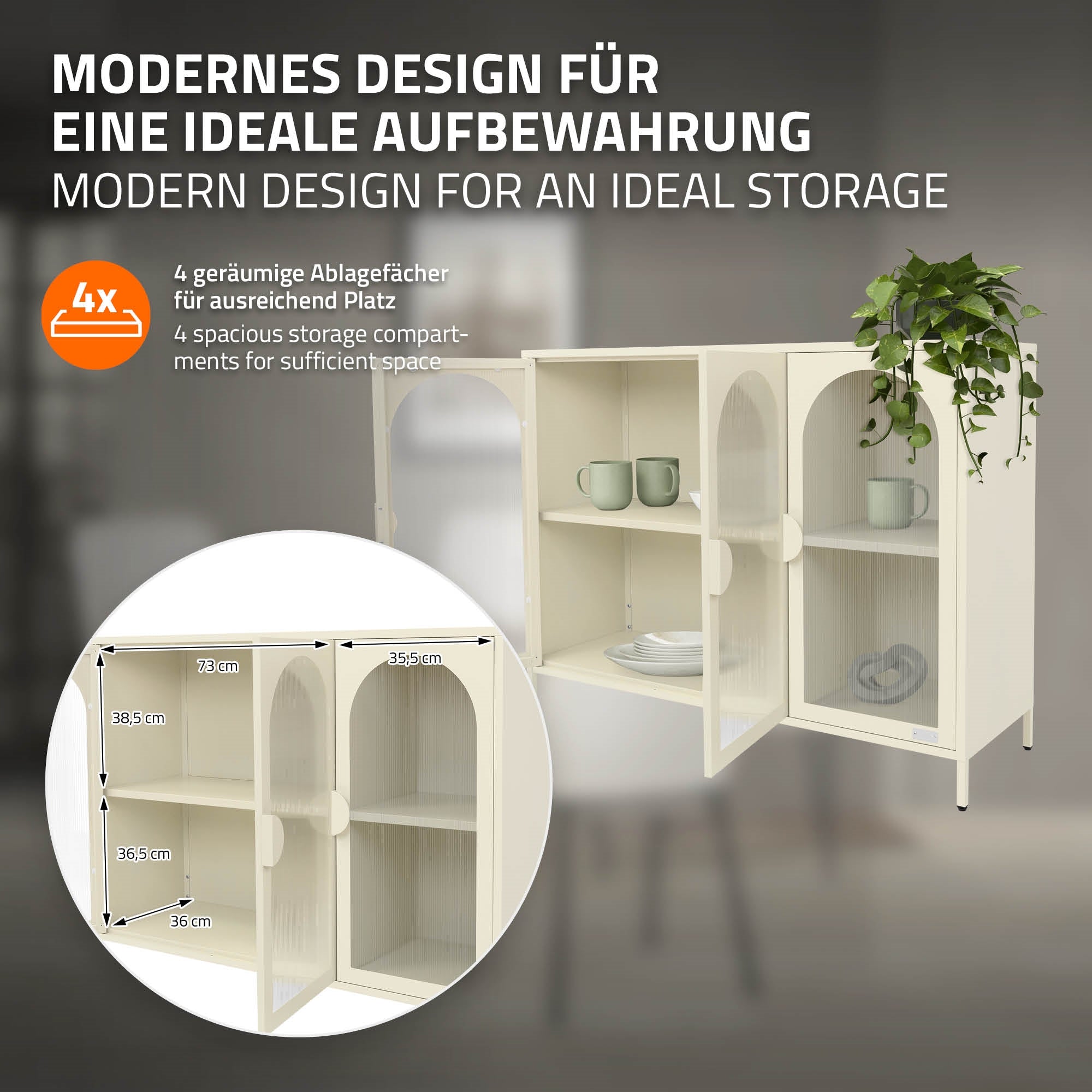 Armoire claire avec quatre compartiments, dimensions pour espace de rangement.